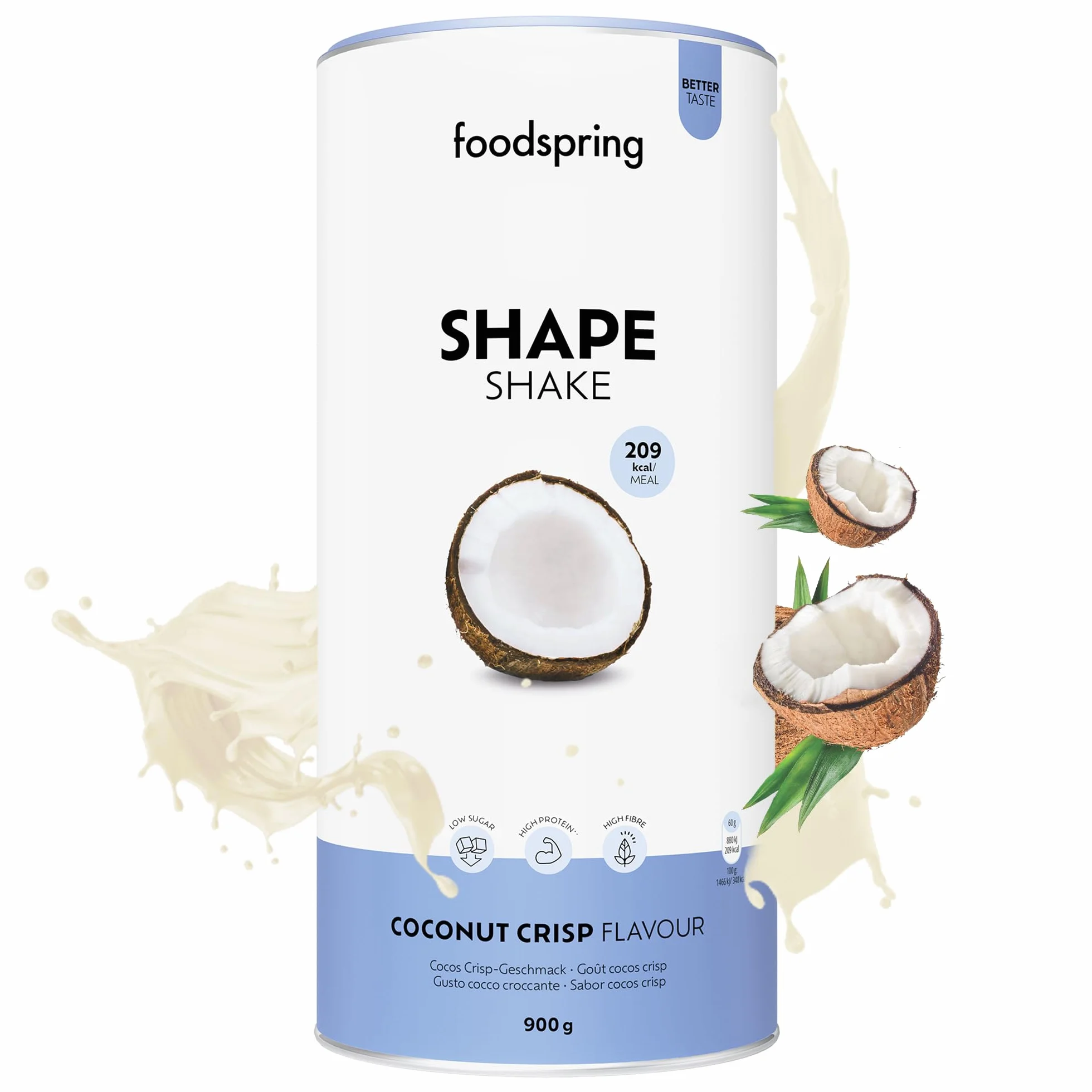 foodspring Shape Shake Cocos Crisp - batido completo, sustitutivo de comida con proteína premium para controlar el peso, 209 kcal por ración, sin gluten - 900g