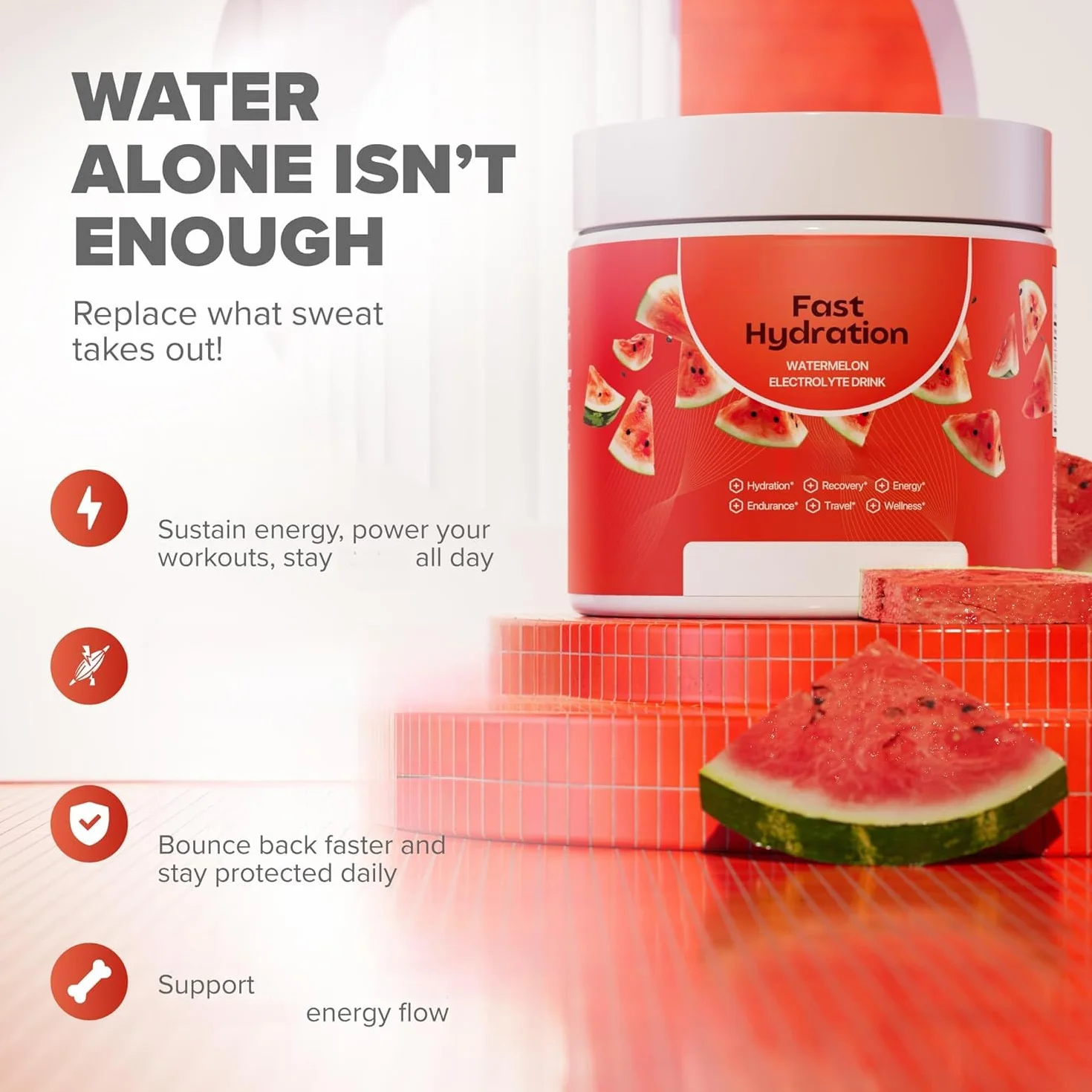 Refrescante sabor a sandía, práctica bebida hidratante en polvo sin azúcar.