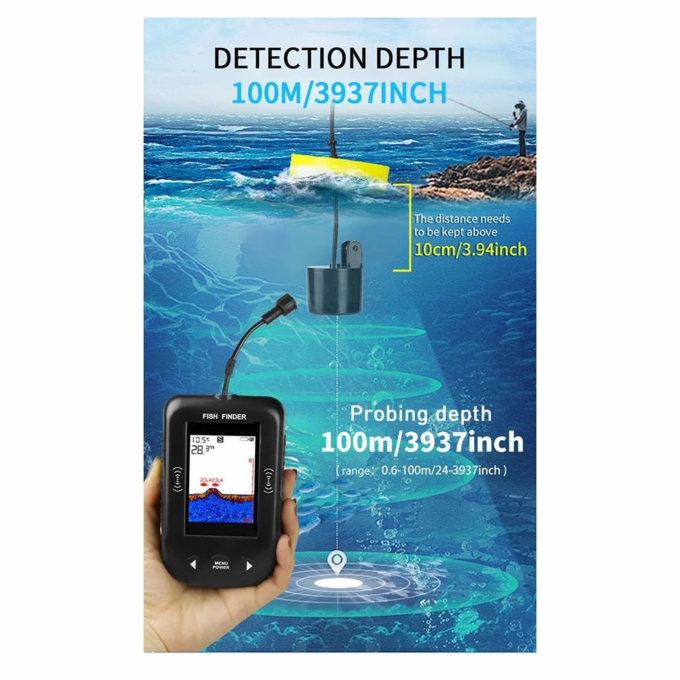Buscador de Peces Portátil Sonda de Profundidad de Agua con Sensor Transductor Negro