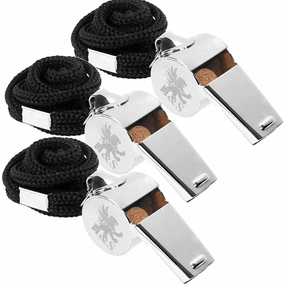 Silbatos de árbitro H&S de acero inoxidable con cordón para fútbol