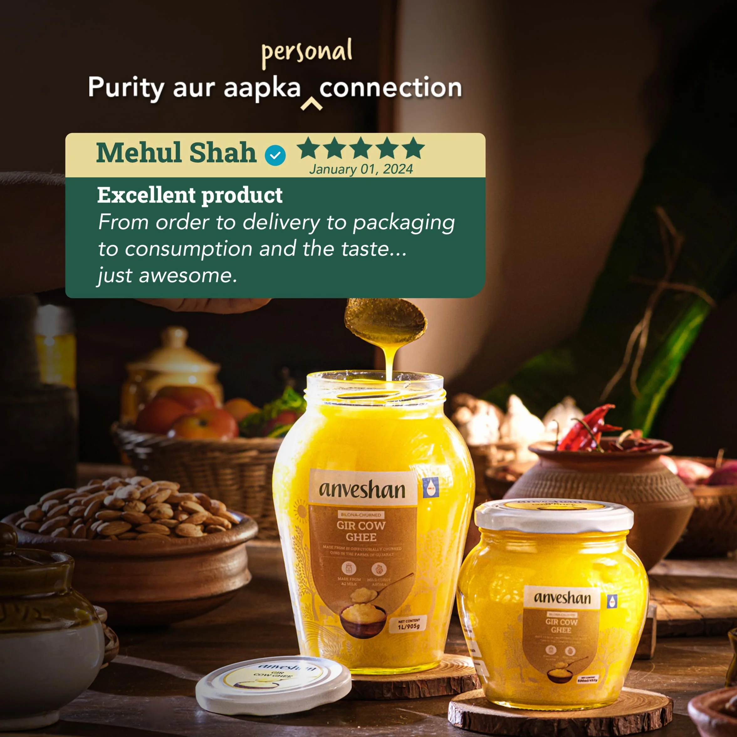 Anveshan Método Ghee Bilona de vaca Gir A2, 1 litro, método tradicional Bilona, cultivado, potenciador de inmunidad, puro, natural, saludable, fresco, sin lactosa y sin gluten