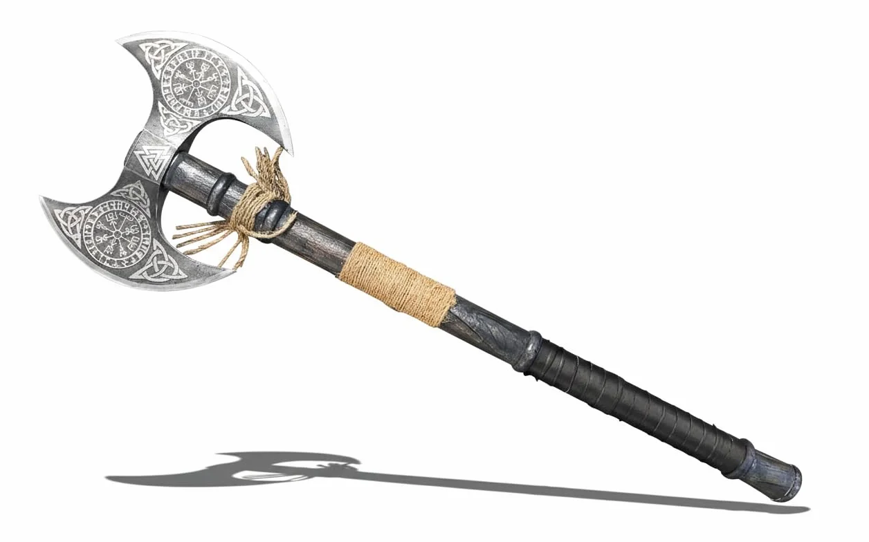 NovaHaven Hacha vikinga de doble cabeza forjada a mano acero al carbono mango madera fresno envoltura cuero vaina cuero