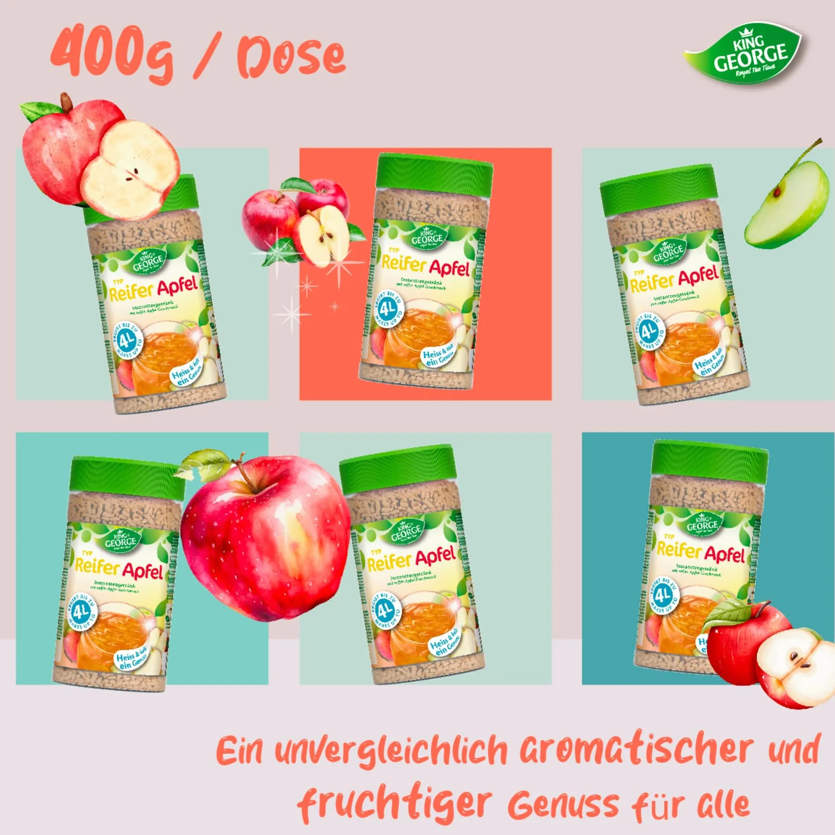 KING GEORGE Bebida instantánea de té de manzana madura, 6 x 400 g, bebida instantánea con sabor a manzana, caliente y fría, un placer, paquete de almacenamiento para té de migas, bebida para verano