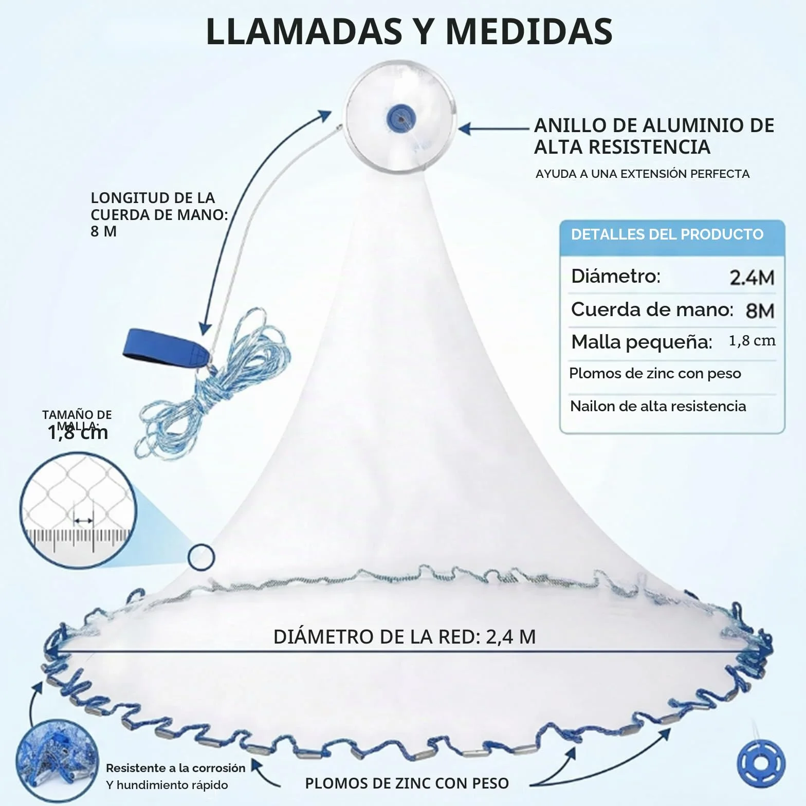 Red de Pesca de Mano de Nylon Monofilamento, Trampa Portátil para Exteriores con Señuelo (2,4 m)
