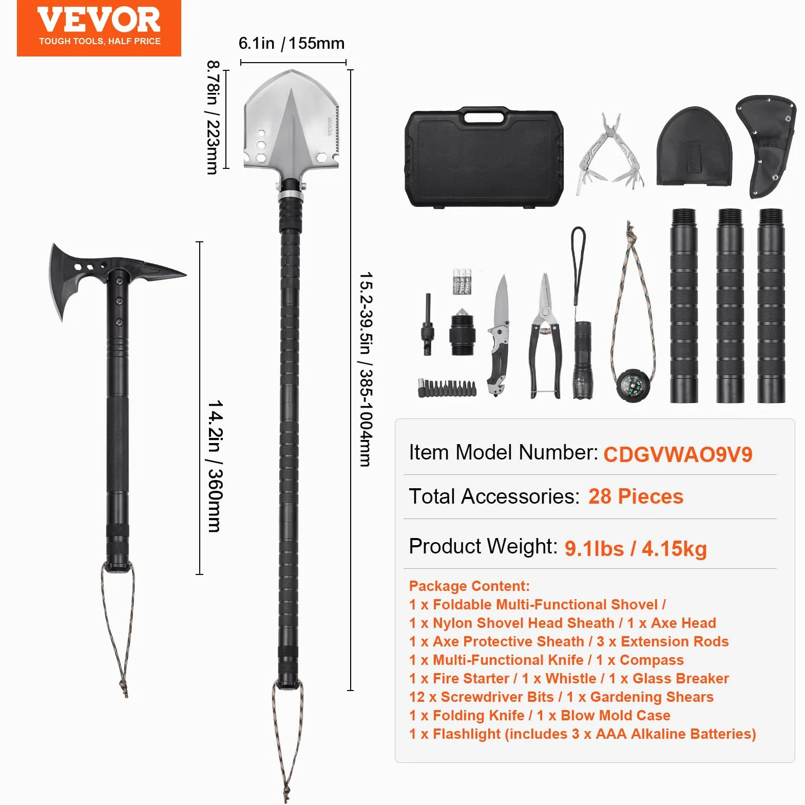 VEVOR Pala de Supervivencia 28 en 1 Hacha Plegable Acero Inoxidable para Acampar Senderismo