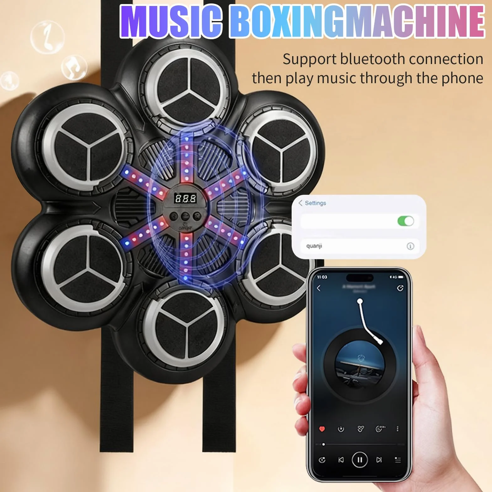 Máquina de Boxeo Musical LED con Guantes, 3 Modos Entrenamiento Bluetooth, Conteo Inteligente para Pared