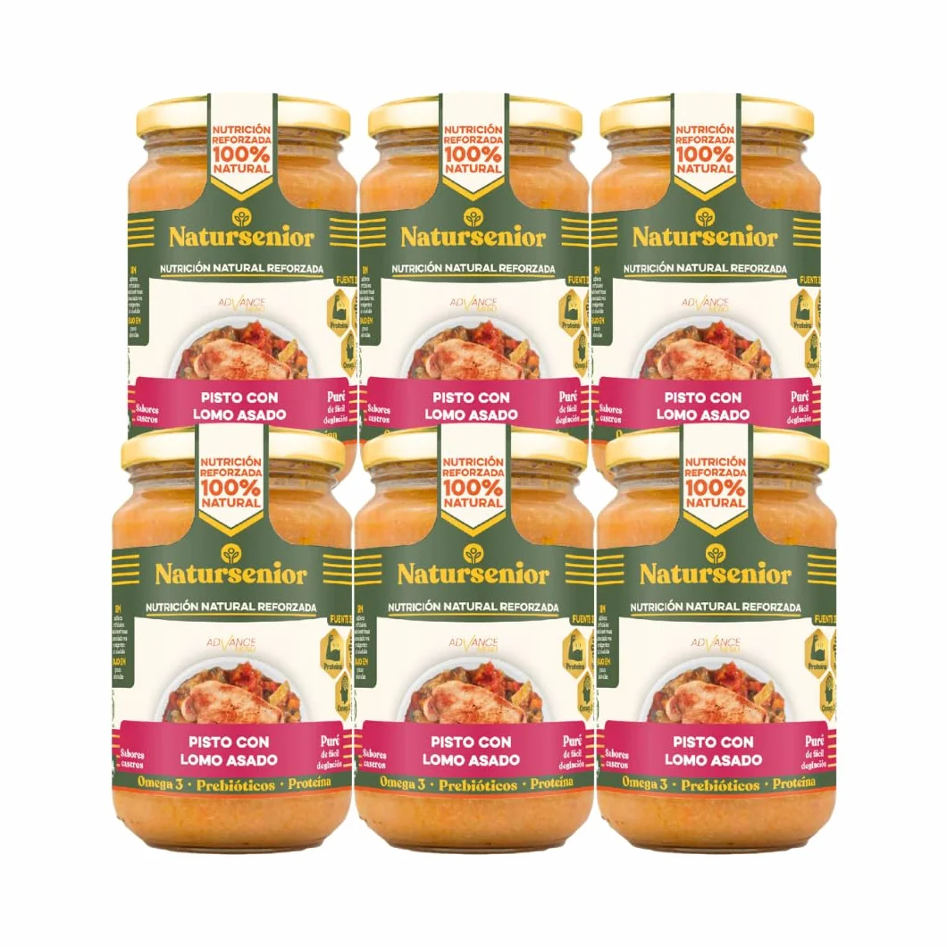 Natursenior - Comida Triturada para Personas Mayores - Pack Puré de Pisto con Lomo Asado - 100% Natural, Omega 3, Fibra, Proteína - 6 uds x 340g