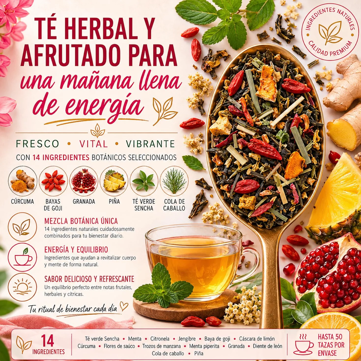 DETOX | Té Depurativo | Infusión drenante con efecto diuretico | Te Verde, Cola de Caballo, Diente de León, Curcuma, Jengibre, Bayas de Goji, Piña | Antioxidante Natural 100g