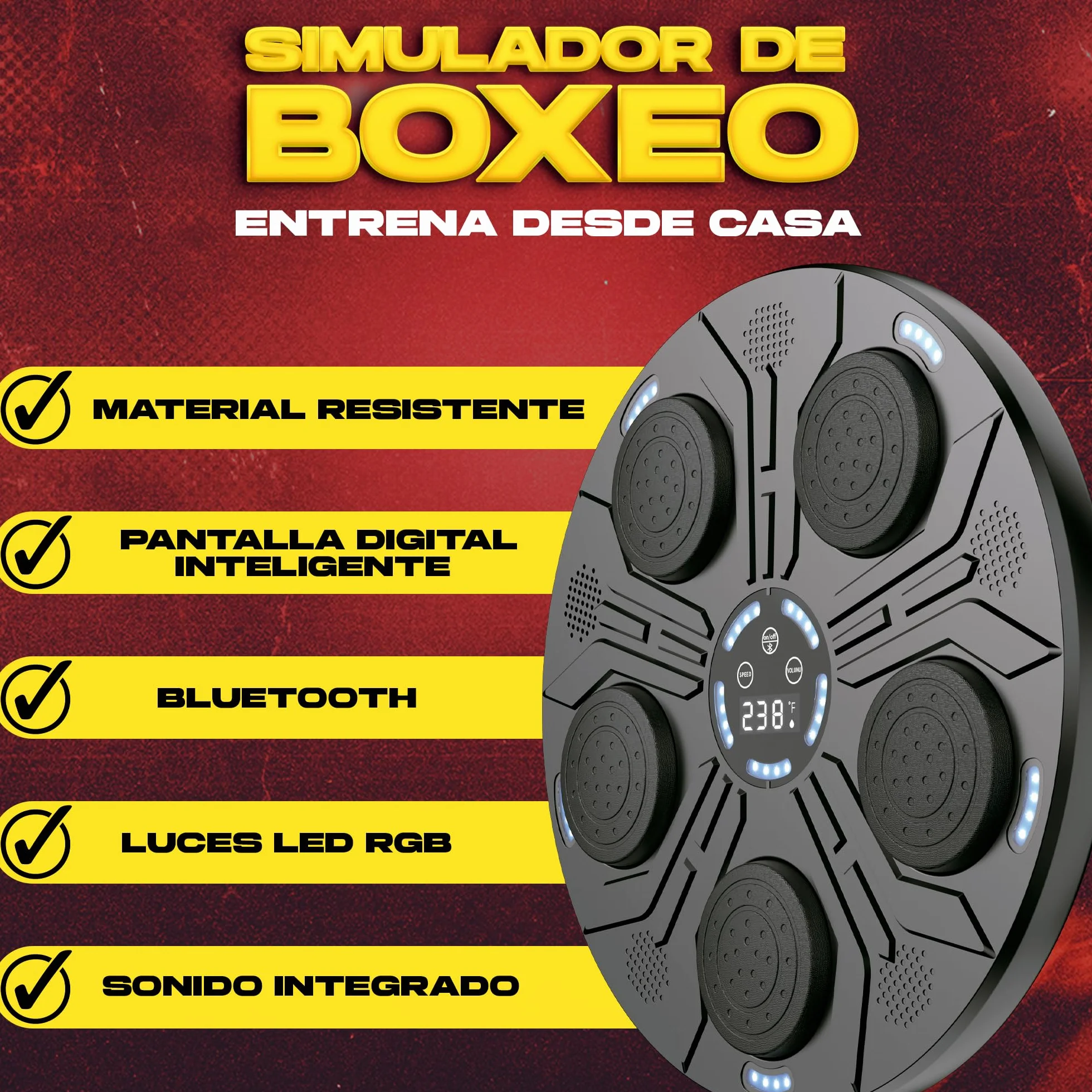 Simulador de Boxeo Inteligente con Bluetooth y Pantalla LED, 9 Modos de Entrenamiento, Luces RGB para Adultos y Niños