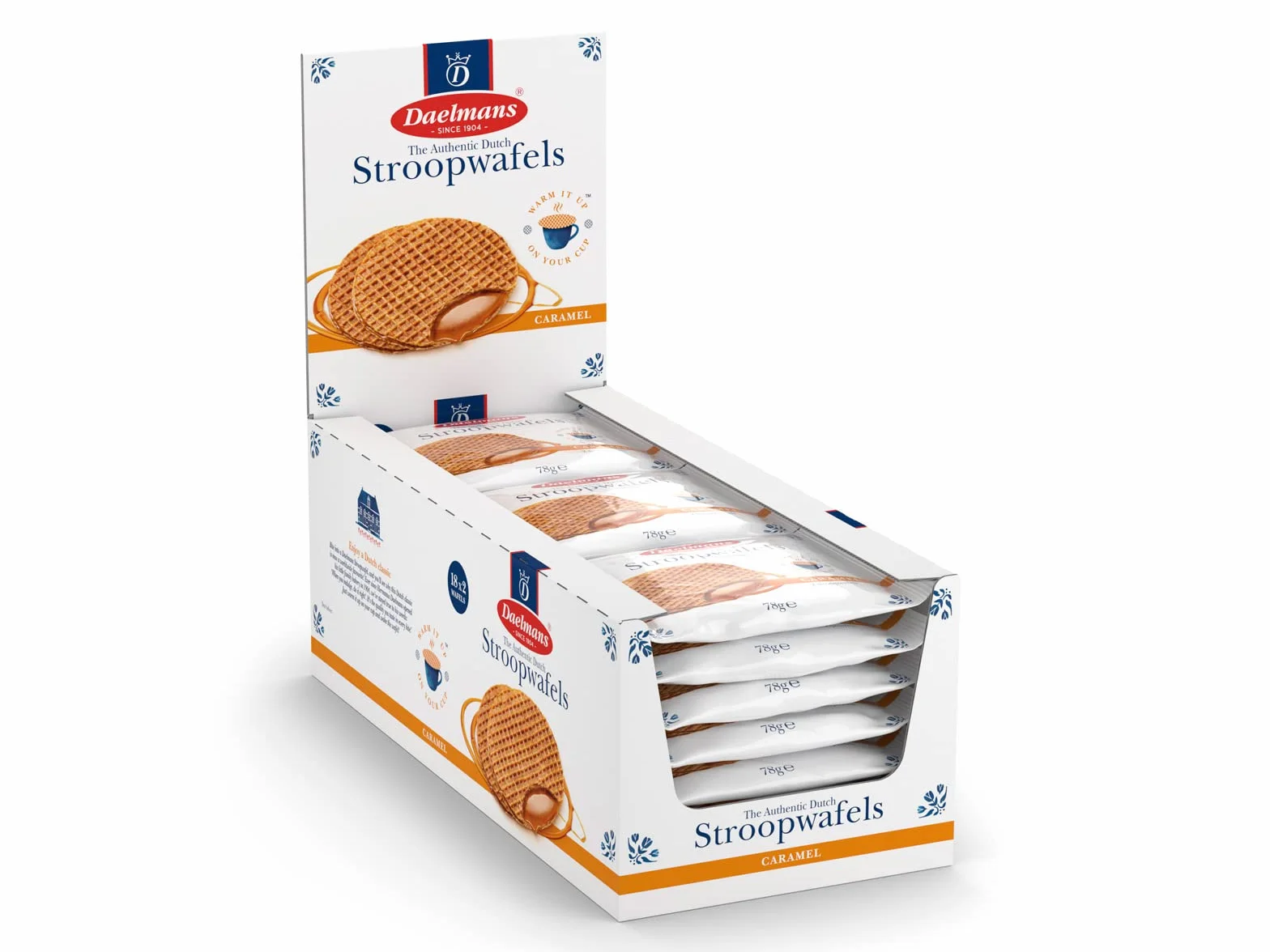 Daelmans Stroopwafels Caja Expositora, 36 Unidades (18x2), Diámetro 9 cm, Gofres de Caramelo Holandeses, Snack Clásico para Café