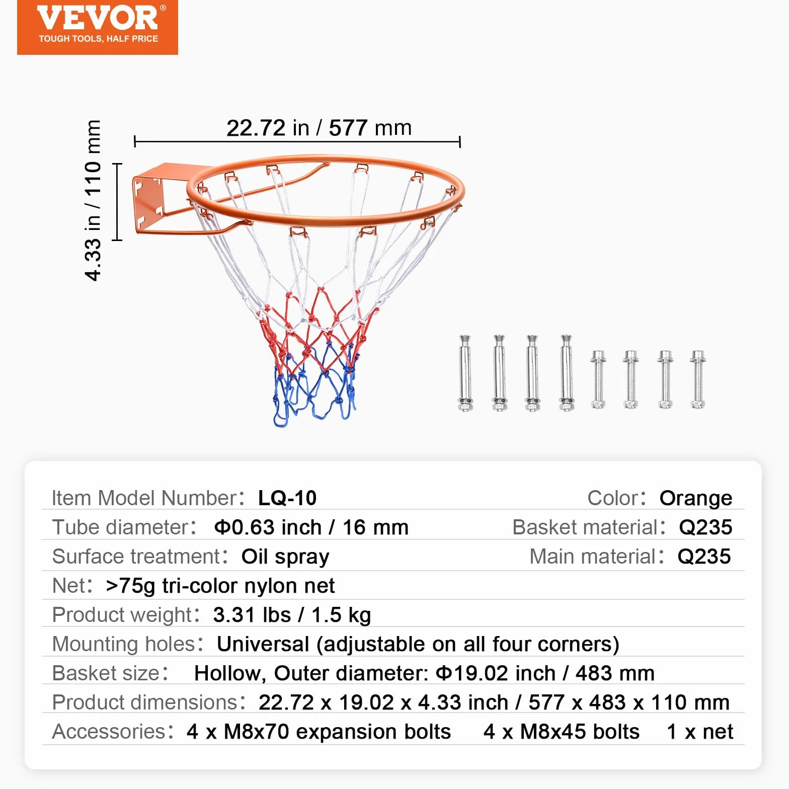 VEVOR Aro de baloncesto montado en pared Q235 18 pulgadas flexible borde red estándar interior exterior