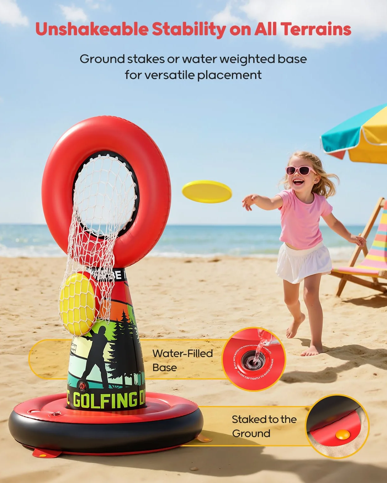 Set de Disc Golf Inflable para Niños, Juego Completo de Exterior con Cesta, 4 Discos y Bomba