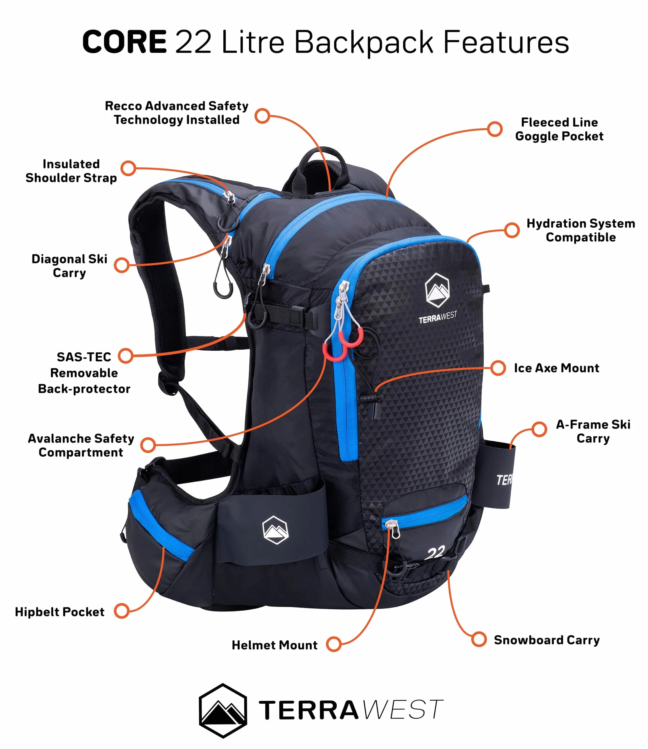 Mochila de esquí Core 22 con reflector Recco y protector de espalda azul océano naranja
