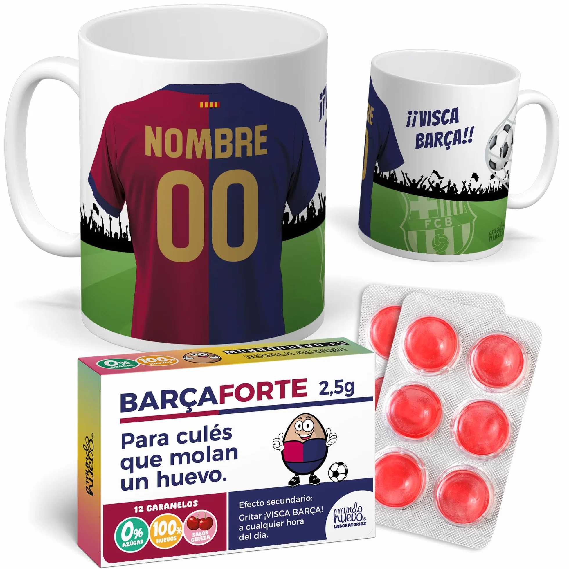 Mundohuevo Taza personalizada con nombre y número fútbol Barcelona + Caramelos divertidos Pack regalo personalizado para aficionados