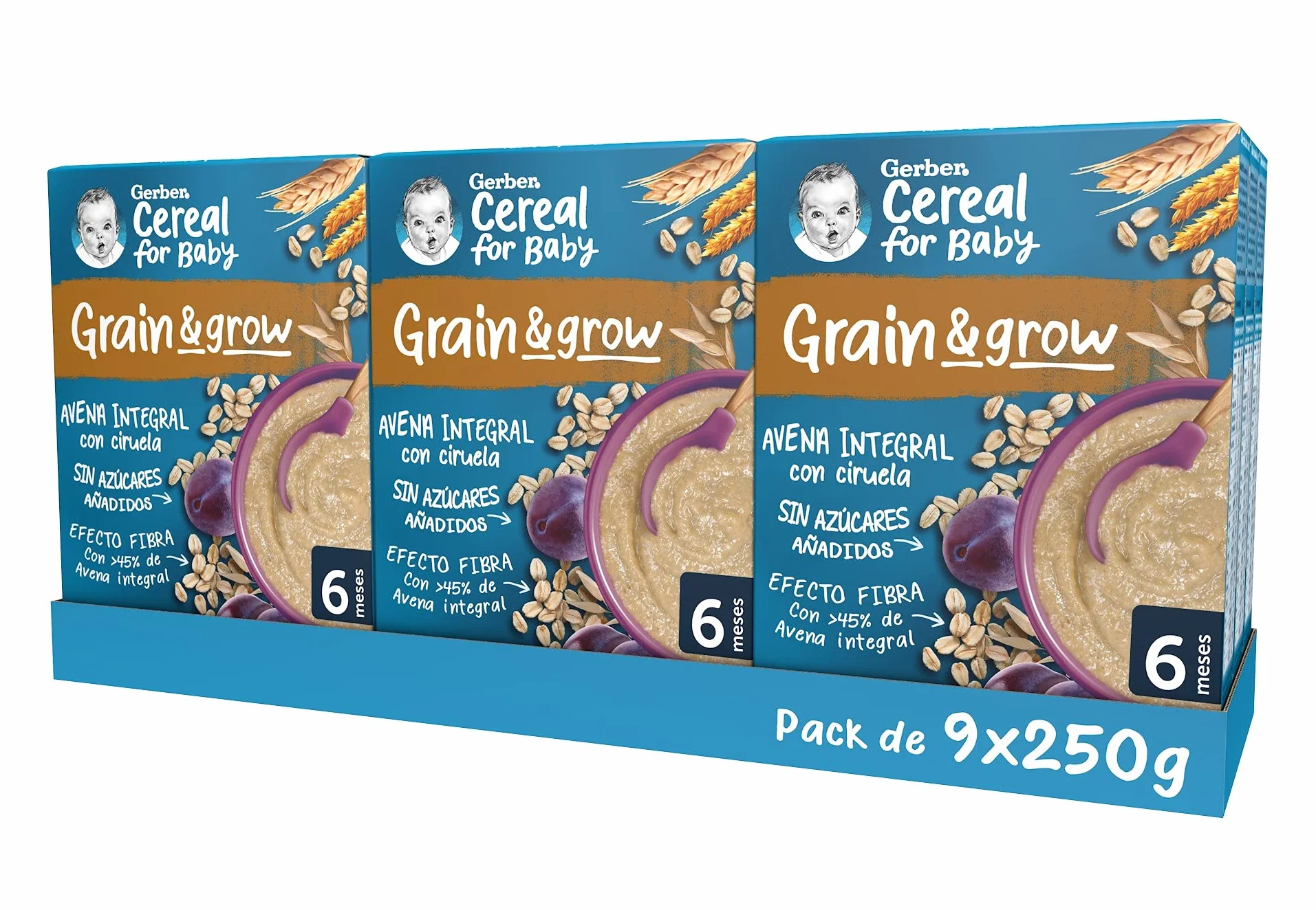 GERBER Avena Integral con Ciruela, Papilla de Cereales para Bebés, Paquetes 9x250g, a partir de 6 meses