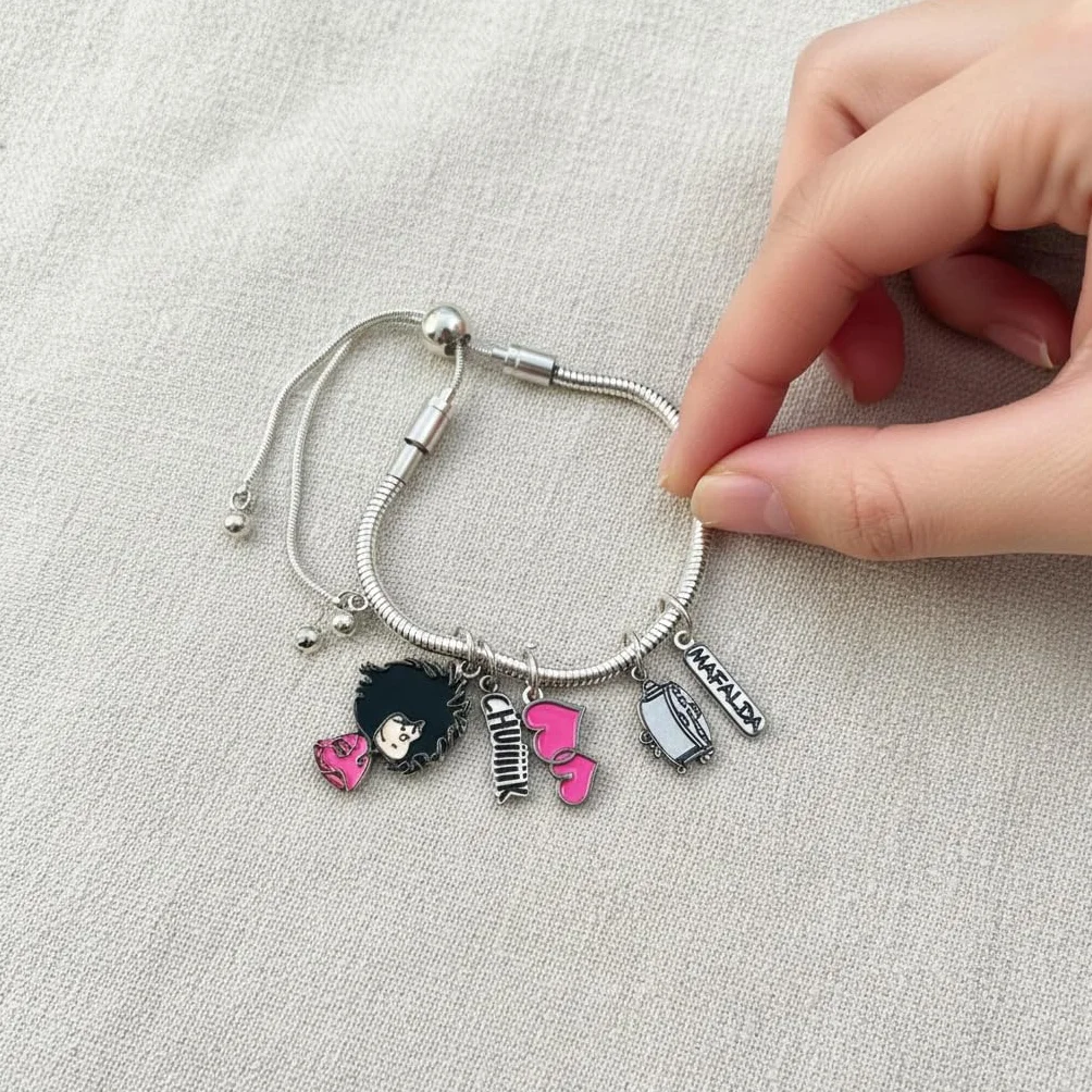 Pulsera con Charms Mafalda Despeinada Licencia Oficial Quino Rosa Acero Inoxidable