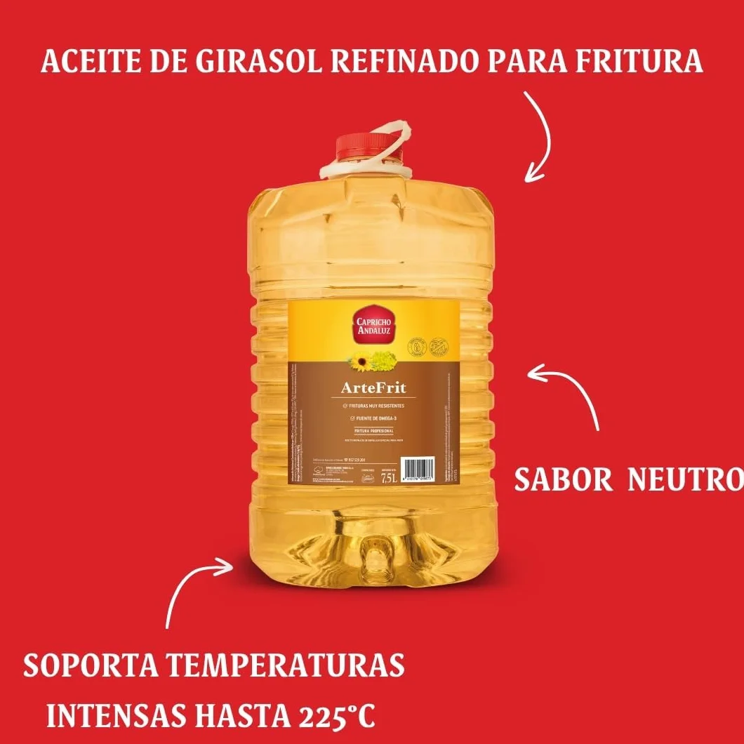 Capricho Andaluz - Aceite de Girasol Alto Oleico Artefrit PET 7,5L, Especial Fritura con Máxima Resistencia al Calor, Limpia, Ligera y Sin Sabores