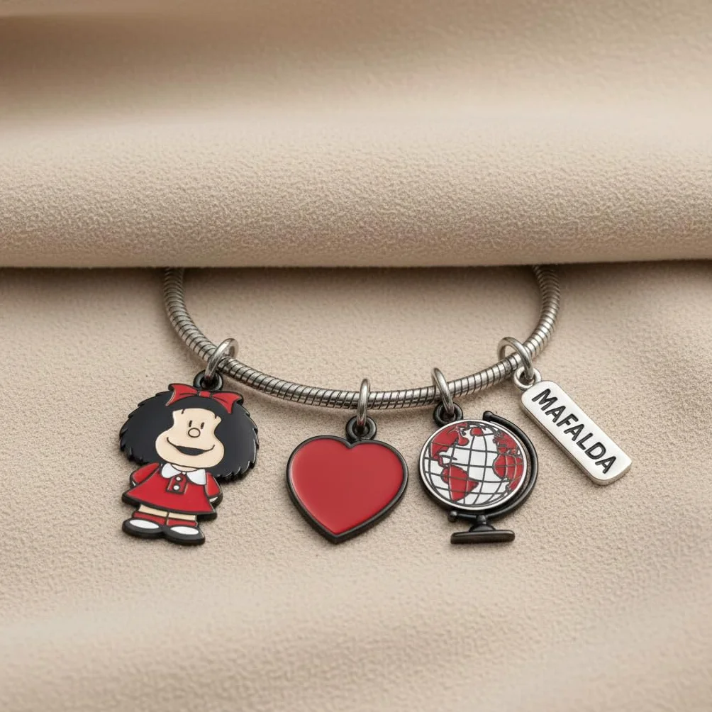 Pulsera de Acero Inoxidable con Charms Mafalda Sonríe - Licencia Oficial Quino, Rojo
