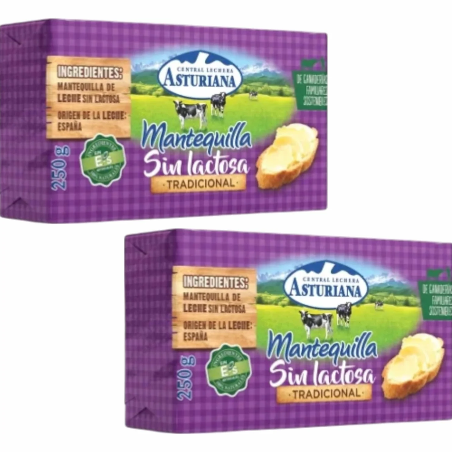 Pack 2 Mantequilla Central Lechera Asturiana 250g | Tradicional y Sin Lactosa | Formato Pastilla | Envío Refrigerado | Ideal Cocina y Repostería