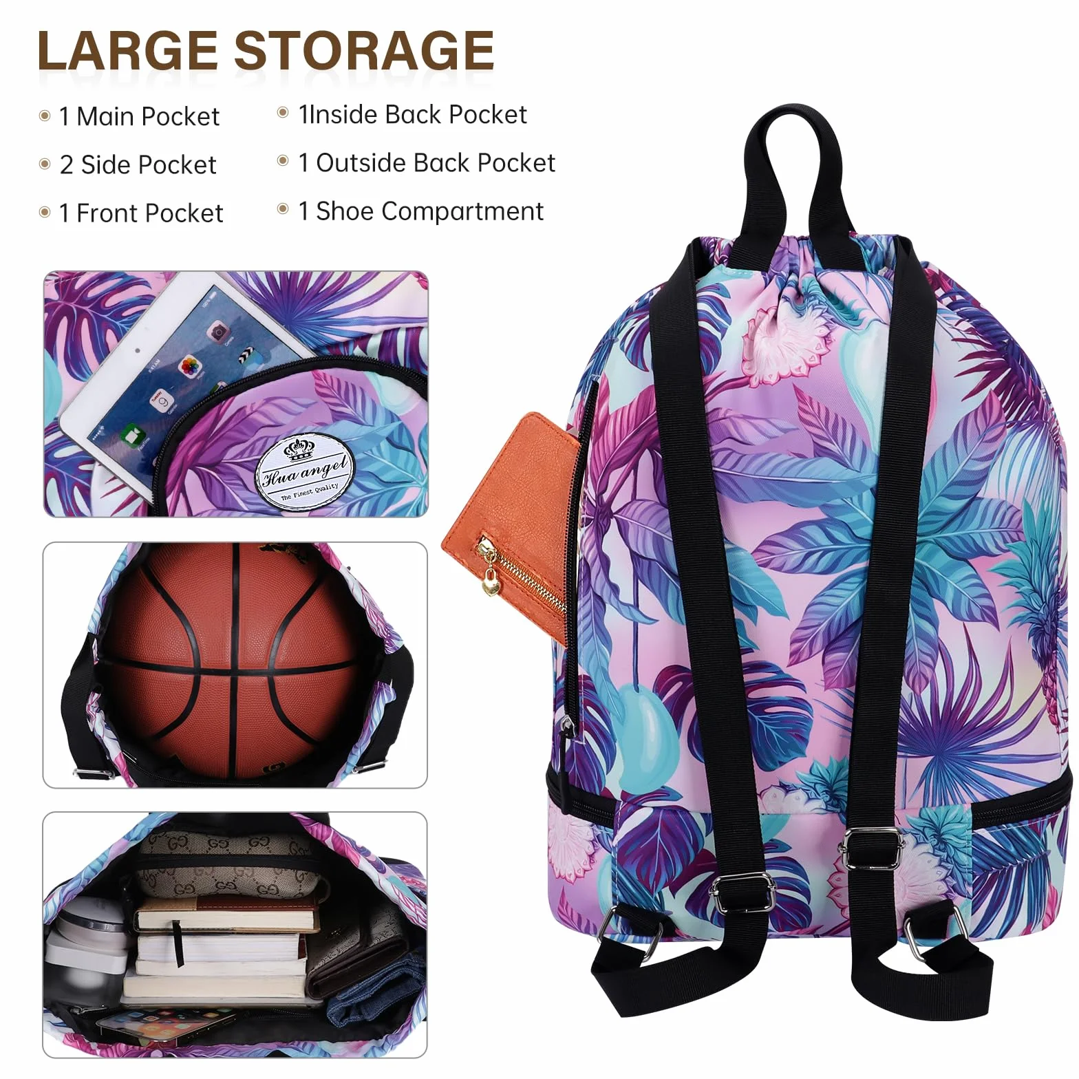 HUA ANGEL Mochila Deportiva con Cordón Ligera Gymsack Bolso de Cuerdas con Bolsillos para Viaje Playa