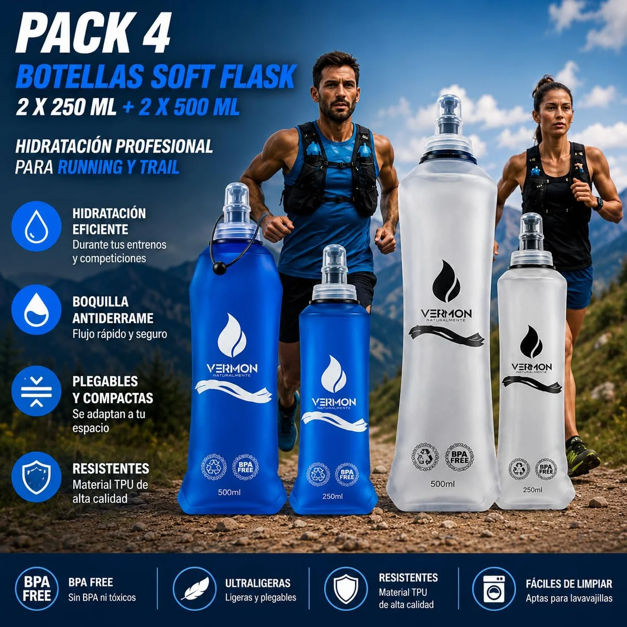 Pack de 4 Soft Flask 250ml y 500ml Botella Plegable Agua Running TPU Libre BPA Válvula Antigoteo