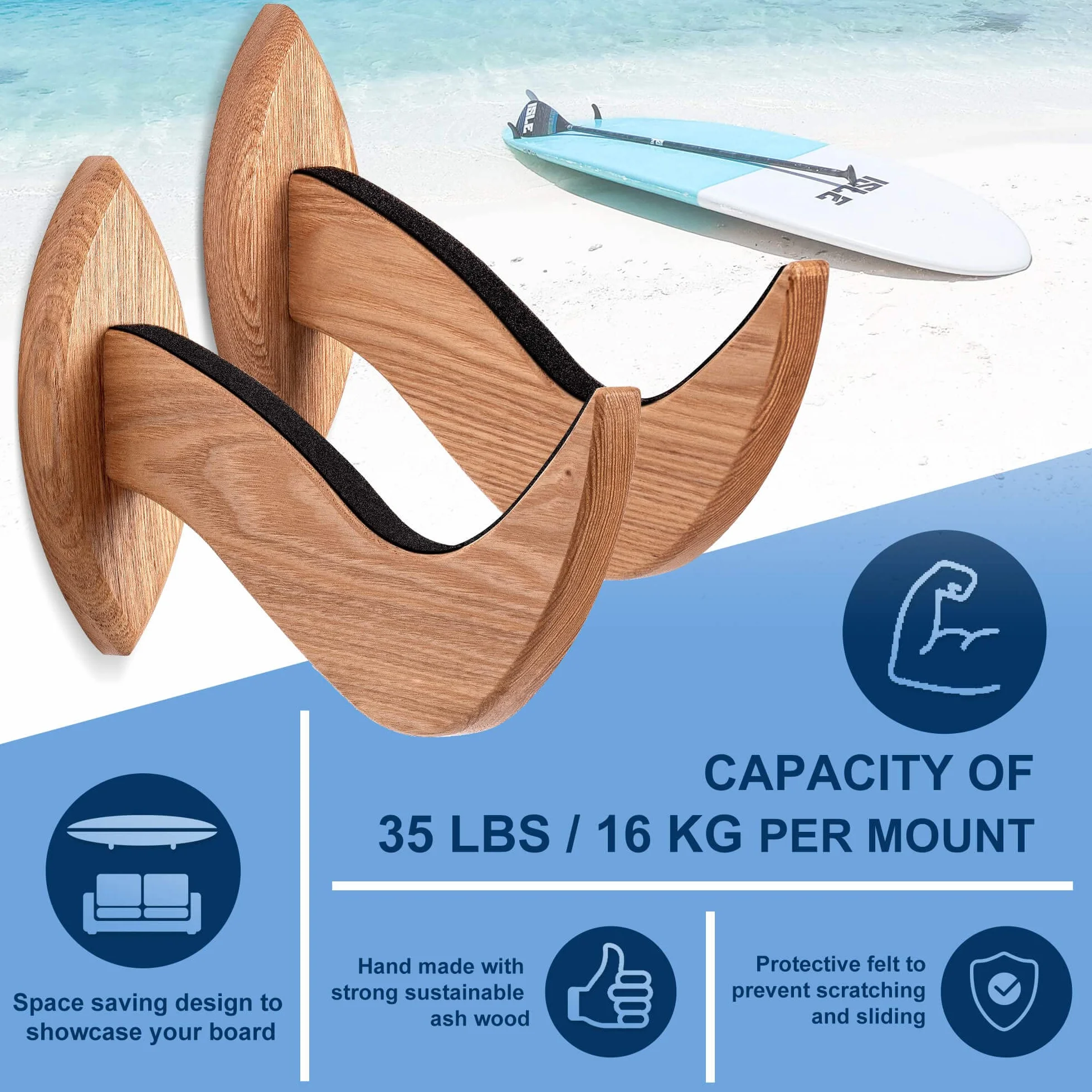 Soporte de Pared para Tabla de Surf, Colgador de Madera Sostenible, Estante para Mostrar Tabla (Transparente)