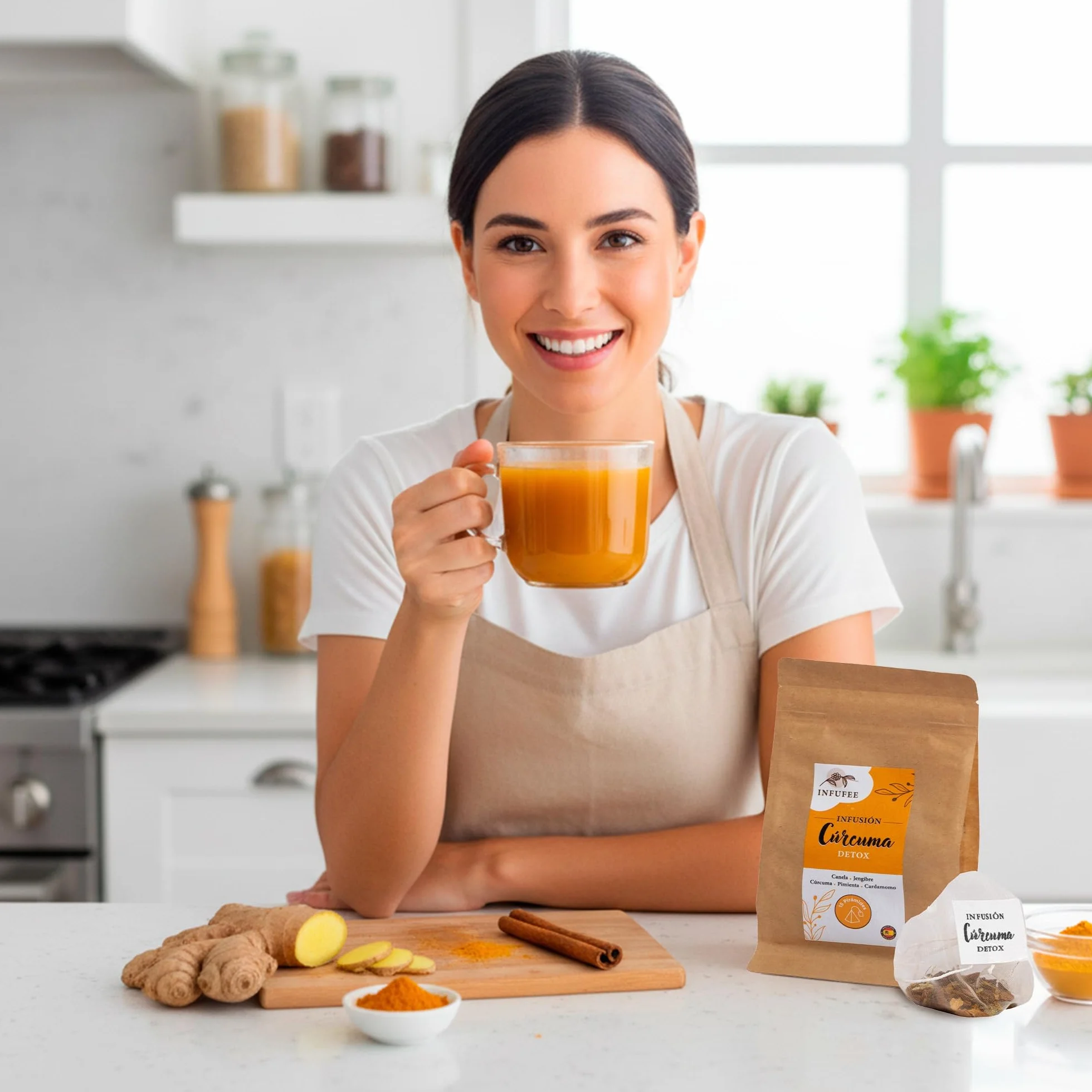 Infusión Detox de Cúrcuma y Jengibre - Té Antioxidante y Antiinflamatorio con Pimienta Negra, Canela y Cardamomo - Plan Adelgazante Natural 15 Dias- Infusión Sin Teína para Dieta Depurativa
