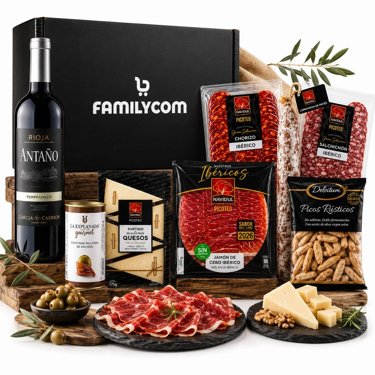 Familycom Cesta Gourmet con Ibéricos Navidul - Surtido Jamón Ibérico, Quesos, Embutidos, Aceitunas, Vino tinto