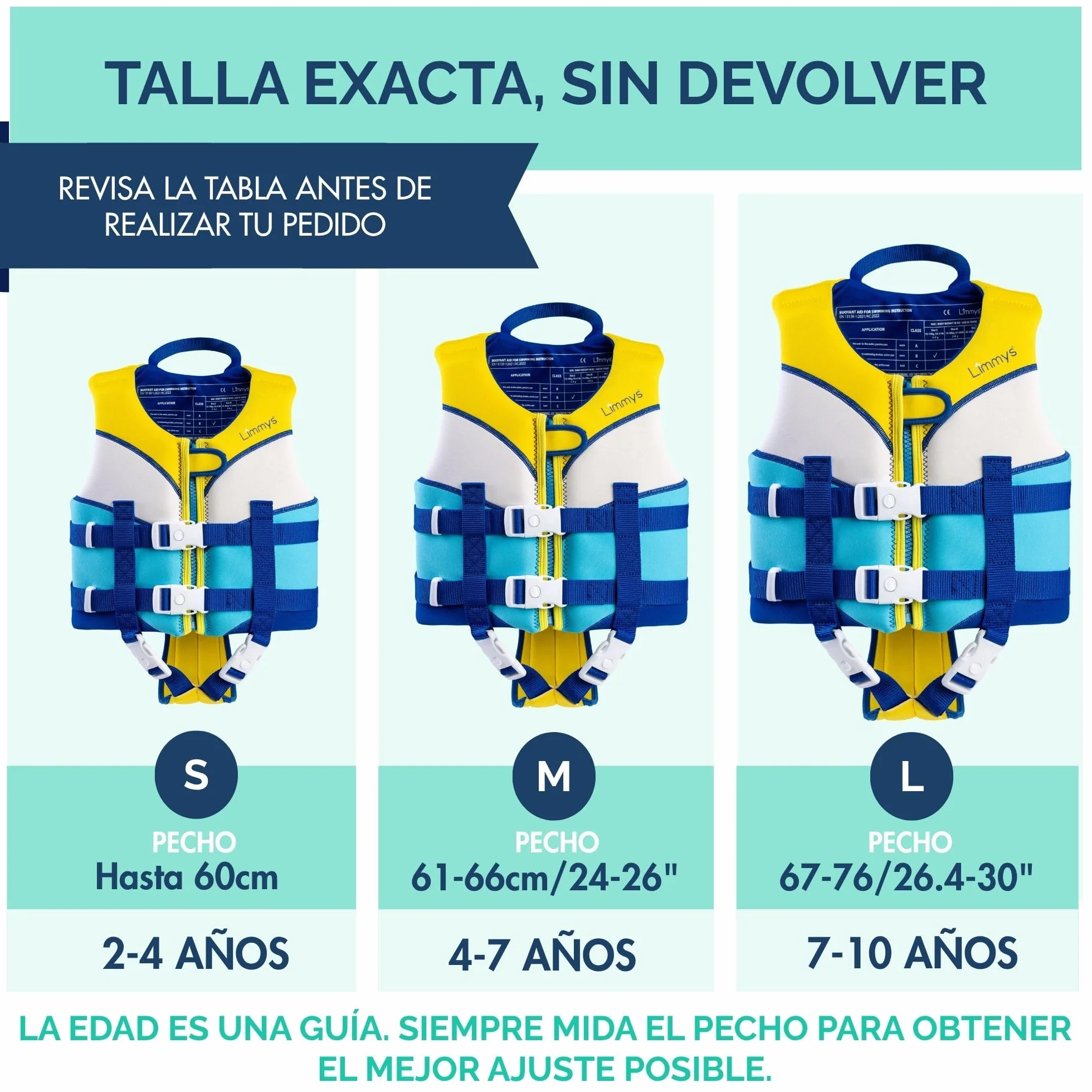 Limmys Chaleco de Natación para Niños con Paneles de Espuma, Certificado CE, Doble Cremallera YKK, Neopreno Premium