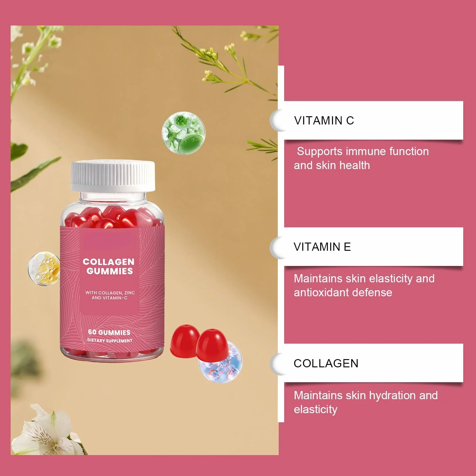 Gomitas De Colágeno Con Vitamina E: Elasticidad La Piel Y Apoyo Antioxidante, Suplemento Masticable Nutrición Diaria, Sabrosos Sabores Frutas(2PCS)