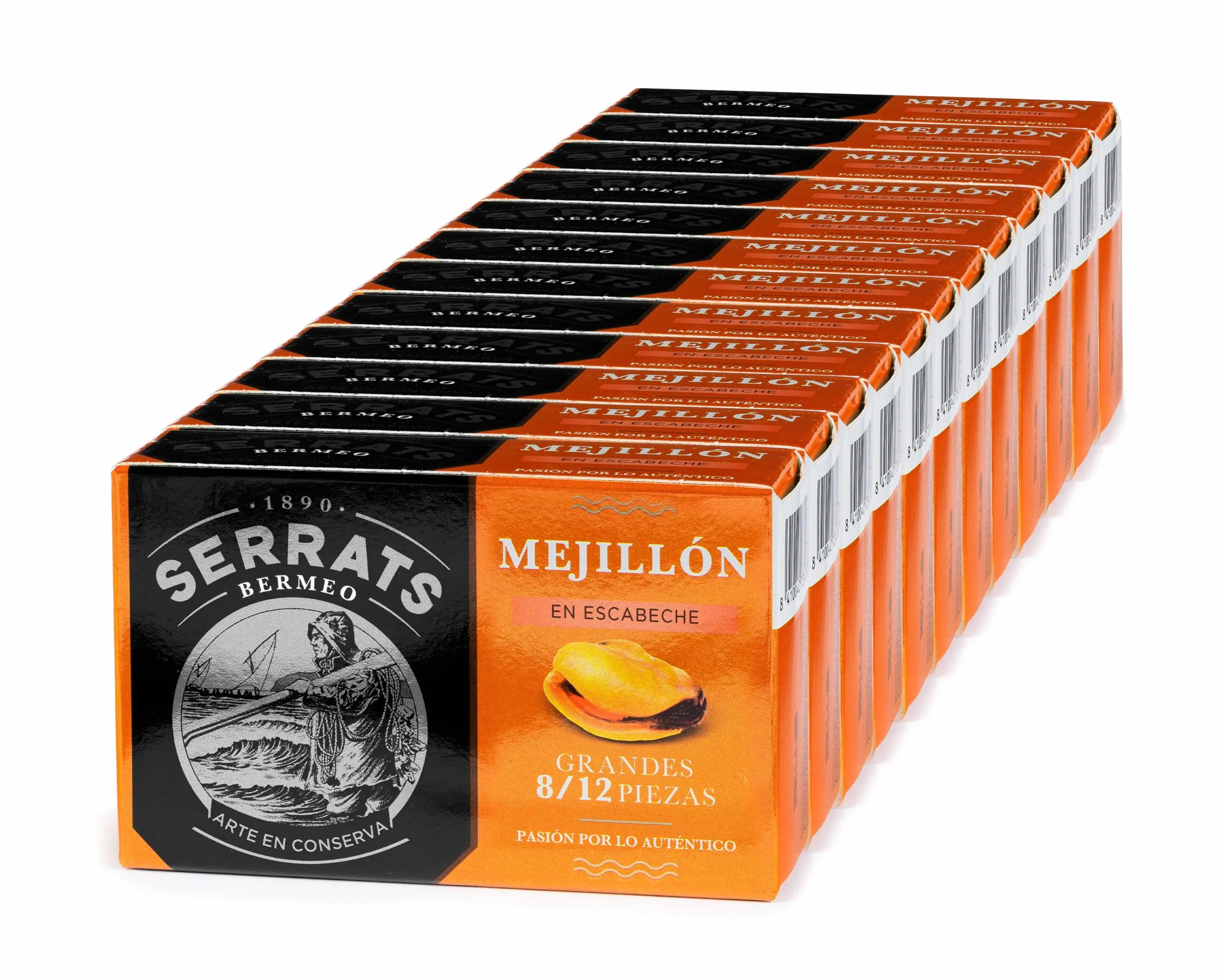 CONSERVAS SERRATS Mejillones Grandes en Escabeche Tradicional Artesanal 12 Latas x 110g 1320g 8/12 Mejillones por lata Sin Gluten Omega 3