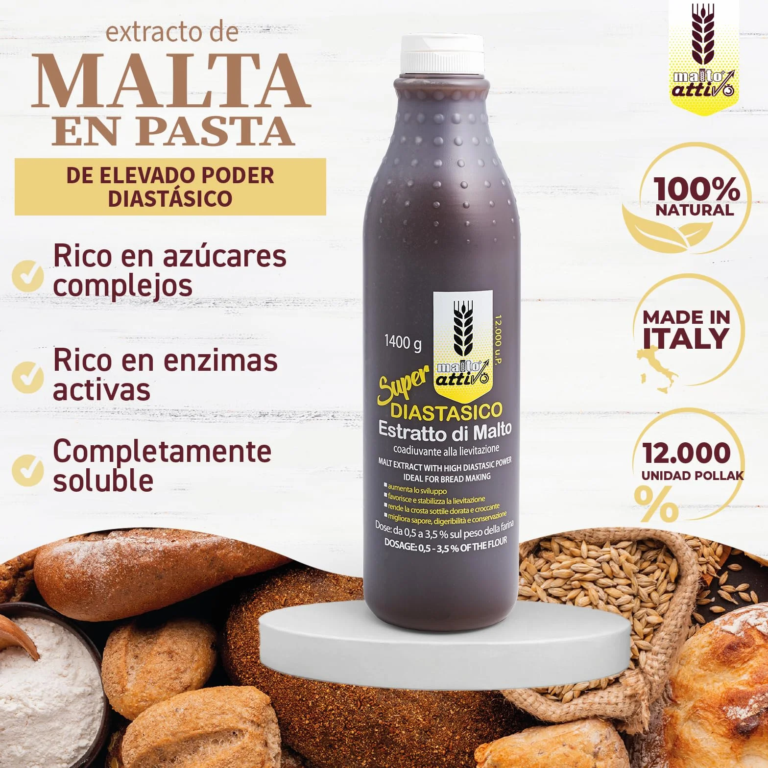 Malto Attivo Super Diastasico 1400g, Extracto de Malta de Elevado Poder Diastásico, Malta de Cebada y Maíz para Panificación
