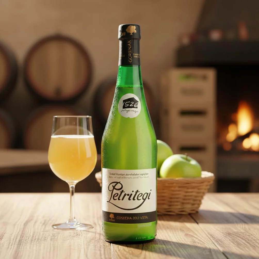 Petritegi Gorenak 12 Botellas de 75 cl – Sidra Natural con Tapón Escanciador, Elaborada con Mezcla de Manzanas Sidreras, Sabor Auténtico y Fresco, 6% Vol.