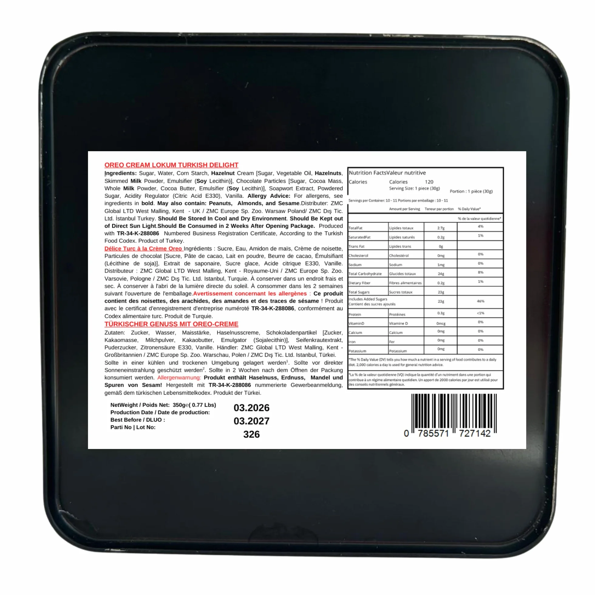 Mughe Gourmet Lokum Delicia Turca de Crema de Galleta Sándwich de Cacao – Lata de Regalo de 350 g