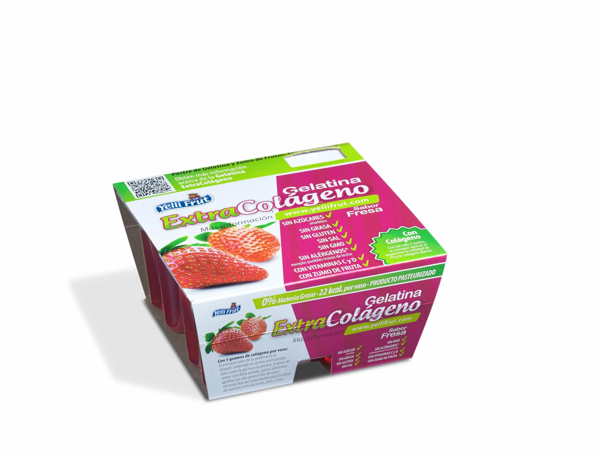 Extra Colágeno Fresa. Postre de Zumo de Frutas y Gelatina. Sabor Fresa en tarrina de 100 gramos. Pack de 12x4 = 48 tarrinas. 8g de colágeno mejora la flexibilidad y función de las articulaciones