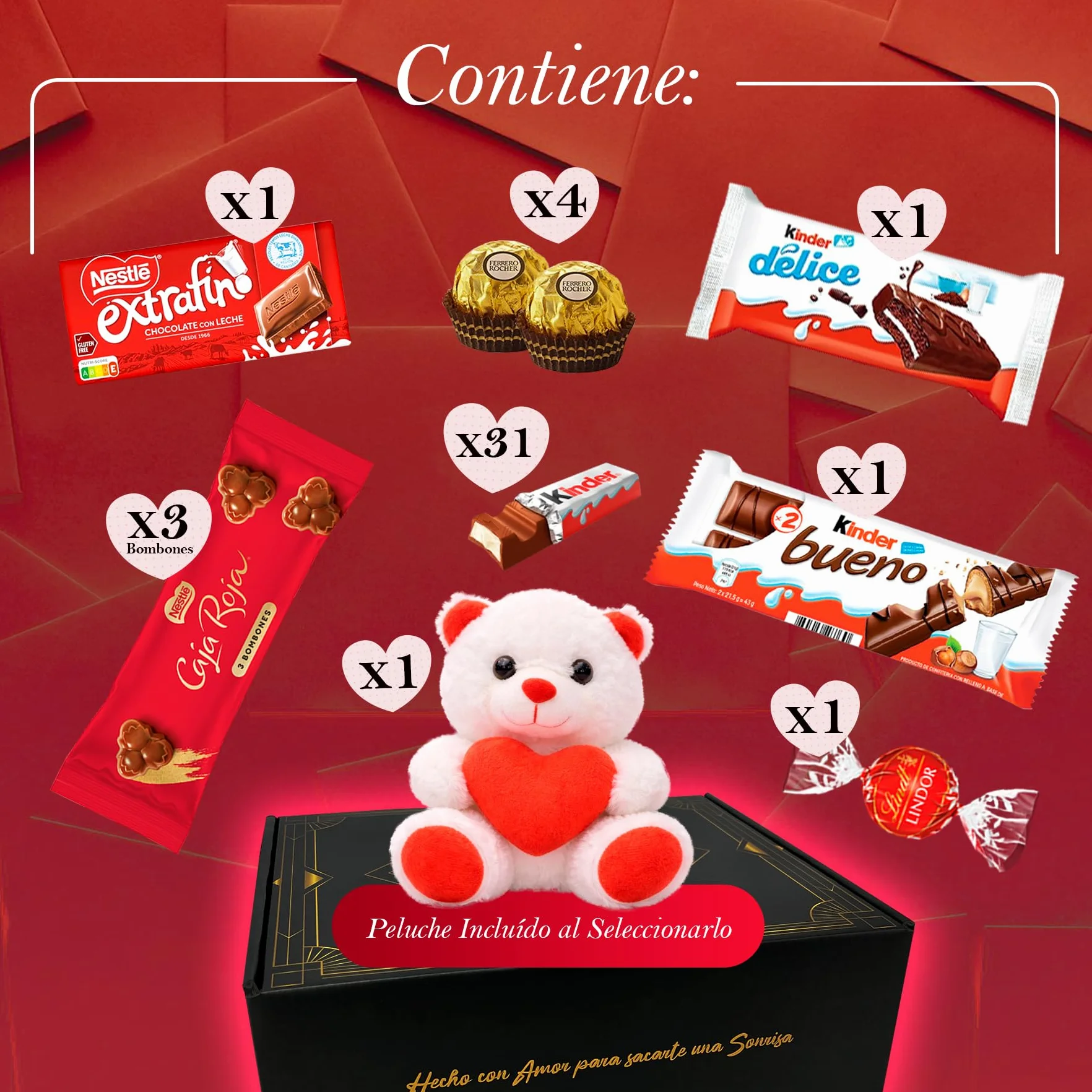 Corazón Sorpresa Regalo Dia del Padre con +40 Bombones y Chocolates – Ferrero Rocher, Lindt Lindor, Caja Roja, Kinder – Tarjeta Personalizada y Presentación Especial