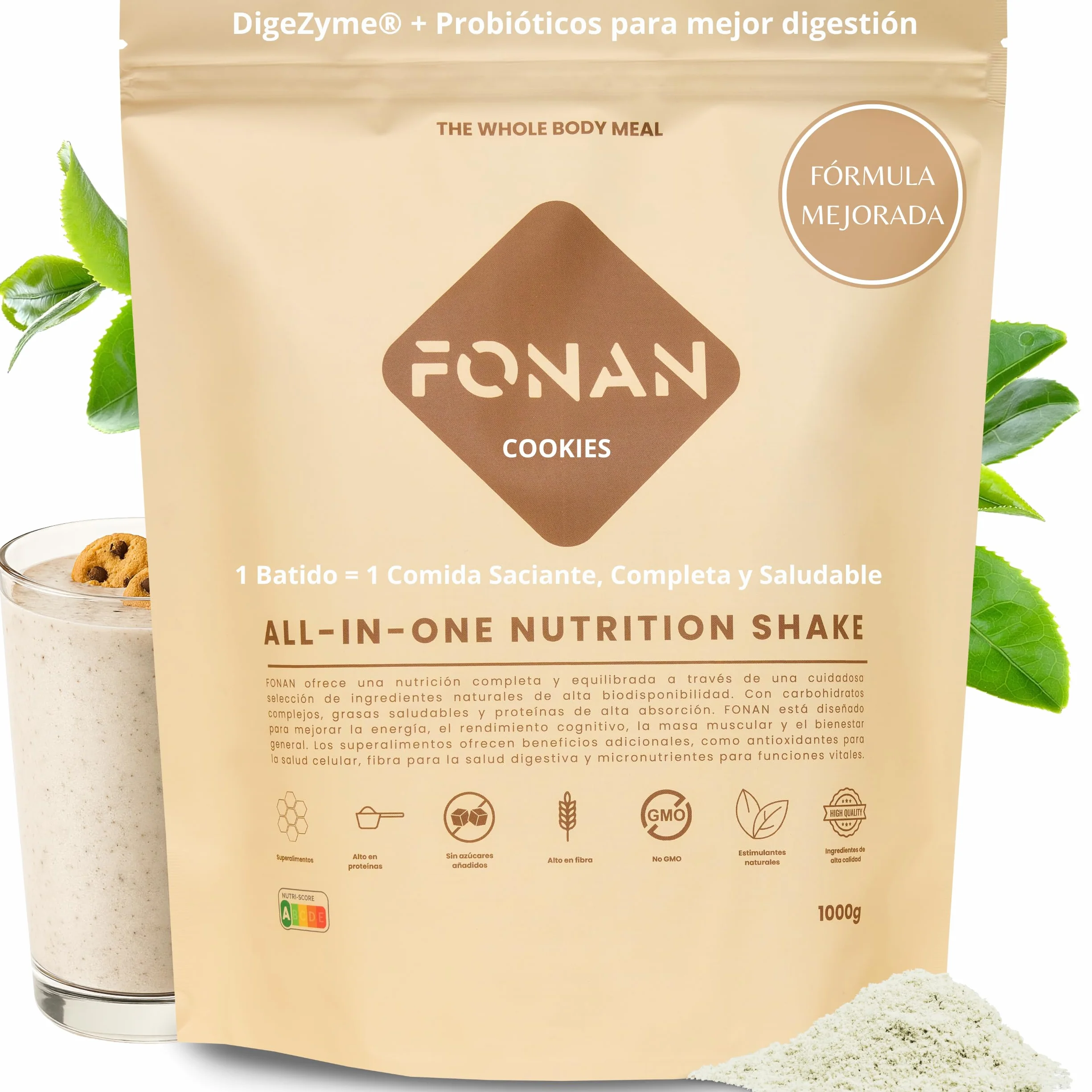 FONAN Batidos Sustitutivos de Comida y Desayuno con Enzimas DigeZyme y Probioticos - Batidos Saciantes Completos y Sanos con Proteina, Carbohidratos, Vitaminas, Minerales y Superalimentos COOKIES