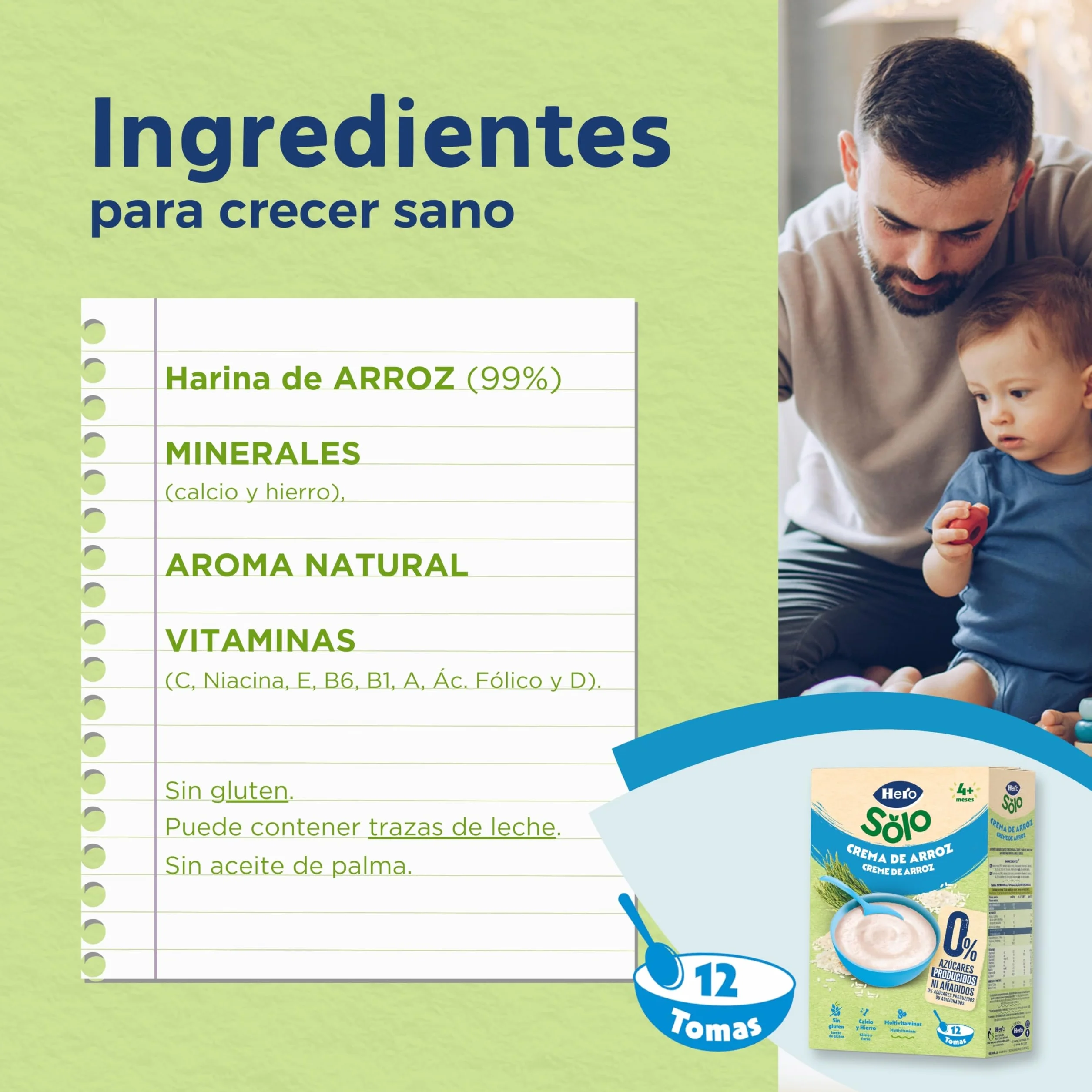 Hero Solo Papilla Crema de Arroz, Sin Gluten, Rica en Fibras y Vitaminas, Sabor Natural para Bebés, a partir de 4 meses, Pack x 6 units x 220 g