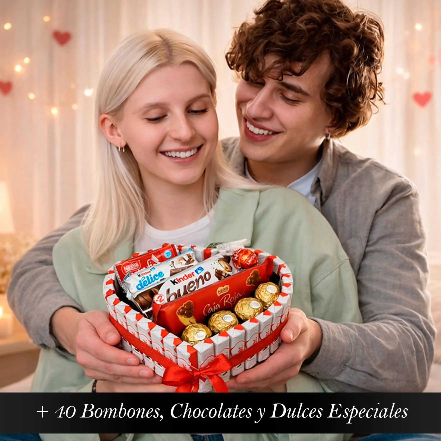 Corazón Sorpresa Regalo Dia del Padre con +40 Bombones y Chocolates – Ferrero Rocher, Lindt Lindor, Caja Roja, Kinder – Tarjeta Personalizada y Presentación Especial