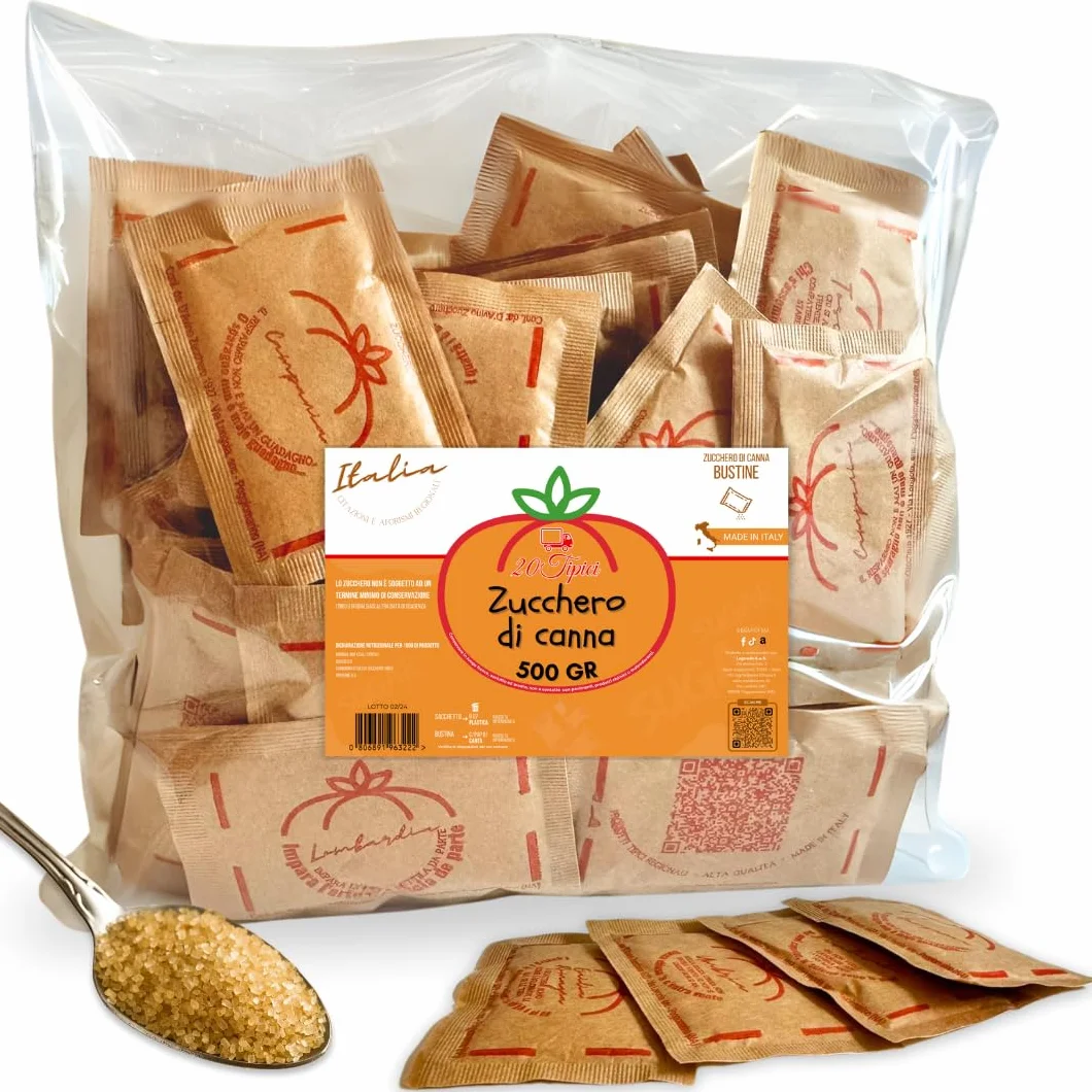 Azúcar y Refranes 20tipici - 100 Bolsas de Azúcar Moreno con Citas Italianas - Sobres Monodosis 500G - (500G/100 Bolsas, Azucar moreno)