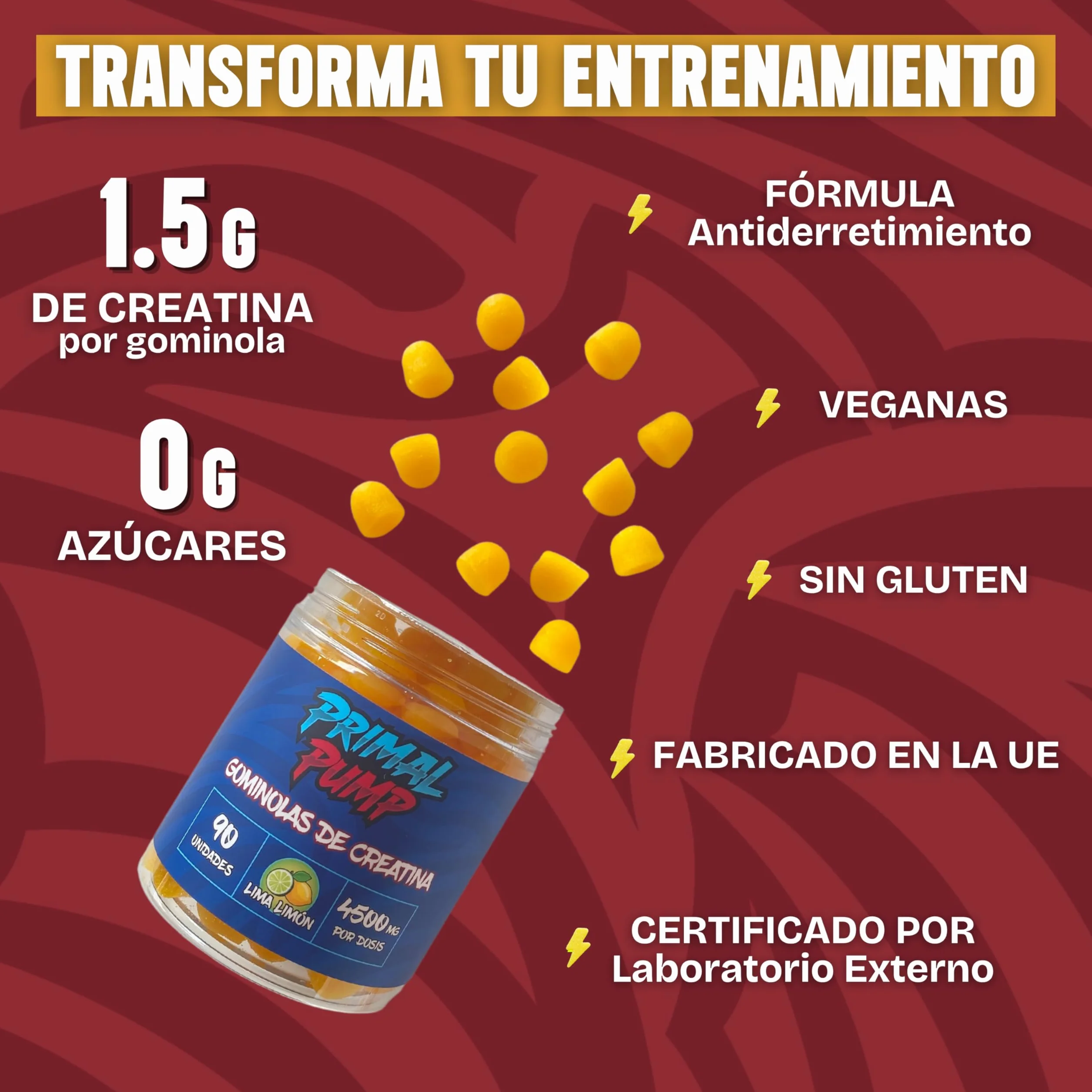 Creatina Monohidratada 4.5g Gominolas - Sin Azúcar, Vegano, Sabor Lima Limón