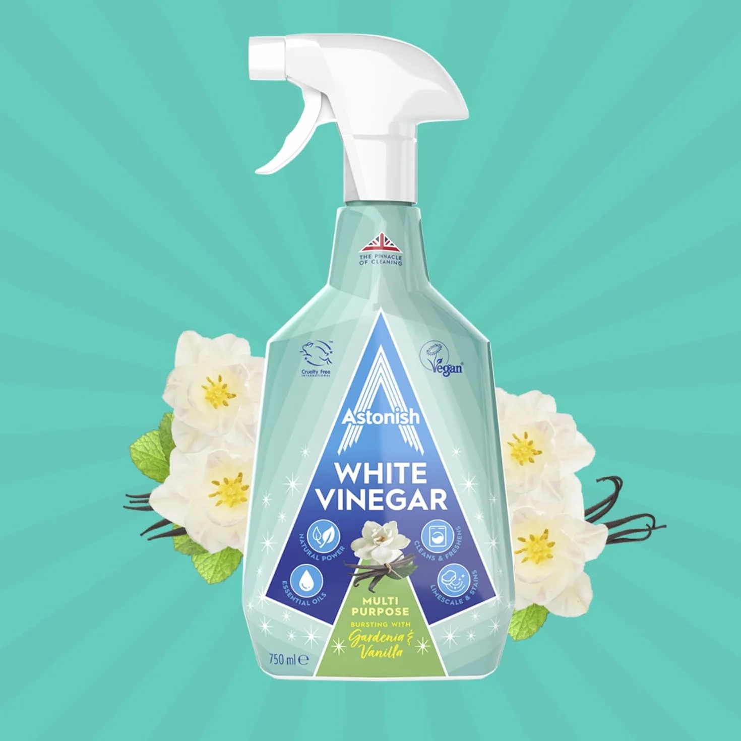 Astonish Spray de limpieza multiusos con vinagre blanco, potente limpieza para superficies, aroma de gardenia y vainilla, 750 ml