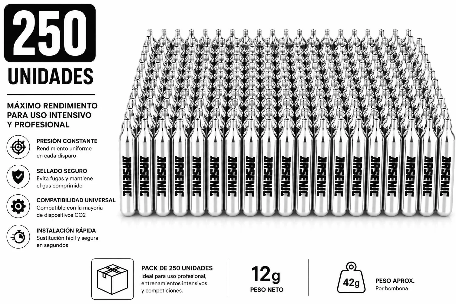 Bombonas CO2 12g Arsenic Plata para Airsoft y Pistolas de Balines, Cartuchos Gas Presurizado