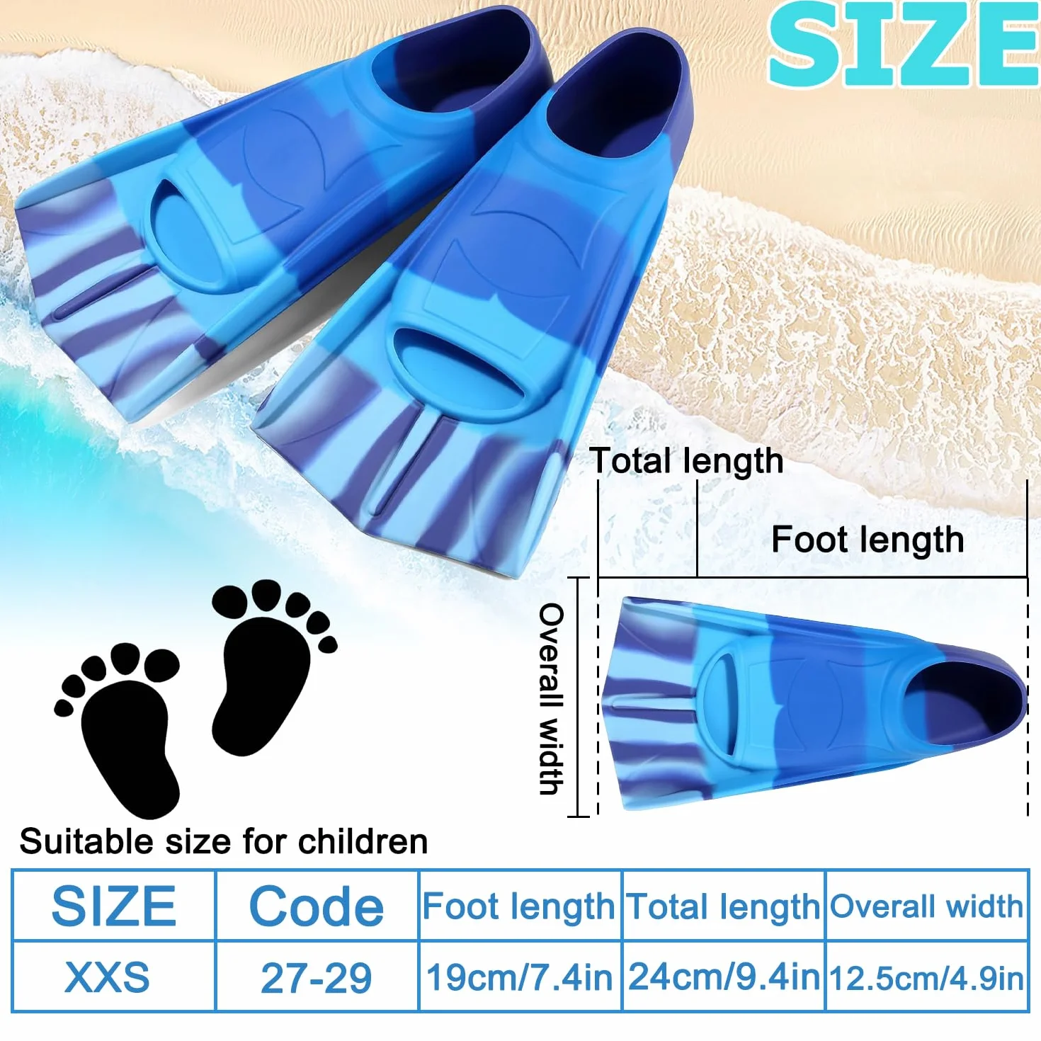 Aletas de natación para niños, silicona cortas, entrenamiento natación regazo, azul oscuro