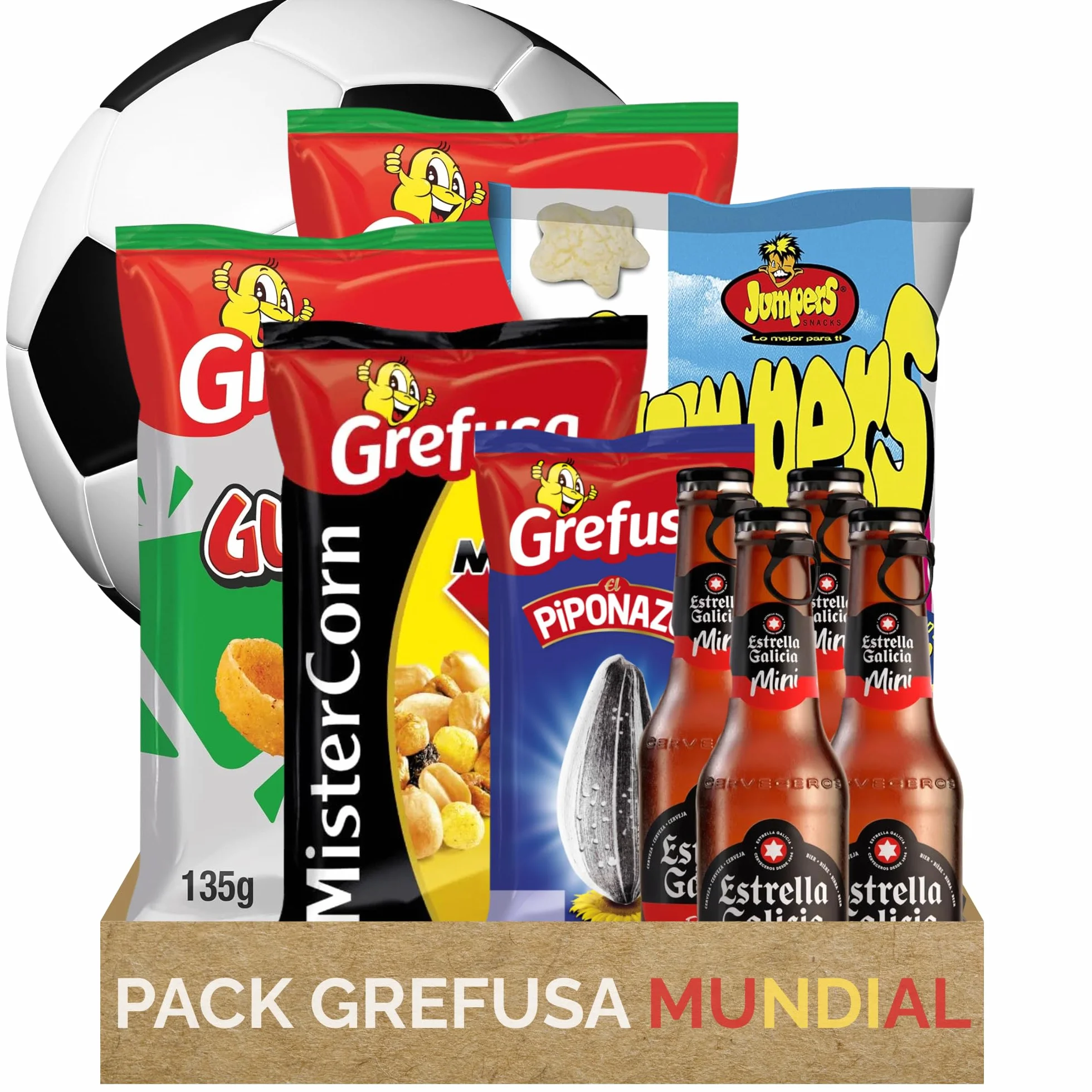 Pack Mundial Snacks Combo 3-4 Personas Cerveza GublinsBBQ MisterCorn Mix Jumper Piponazo 4 Botellines Aperitivos Fútbol Caja Regalo 2026
