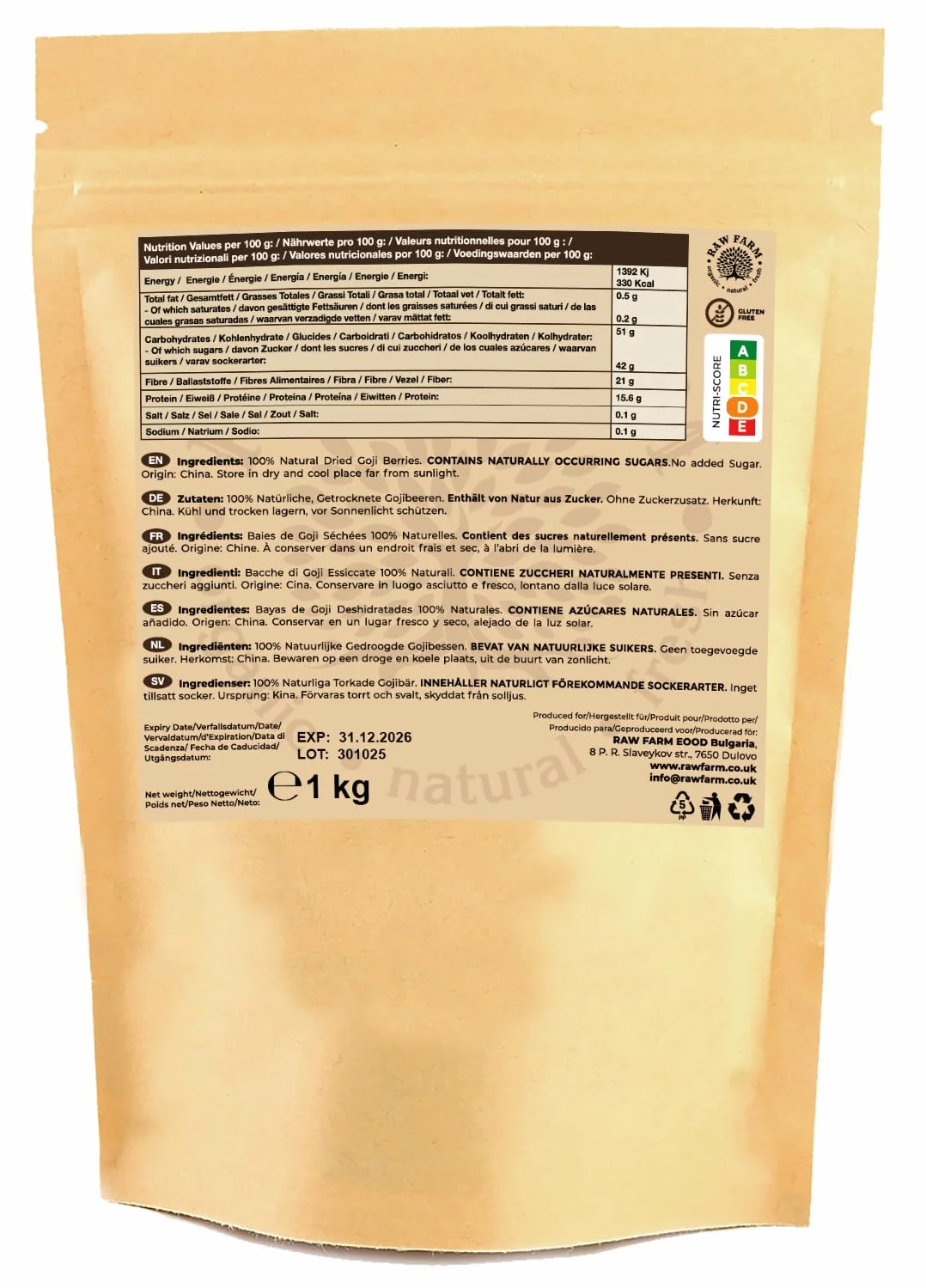 Raw Farm - Bayas de Goji Enteras - 1kg - Secadas al Sol, Libres de Aditivos