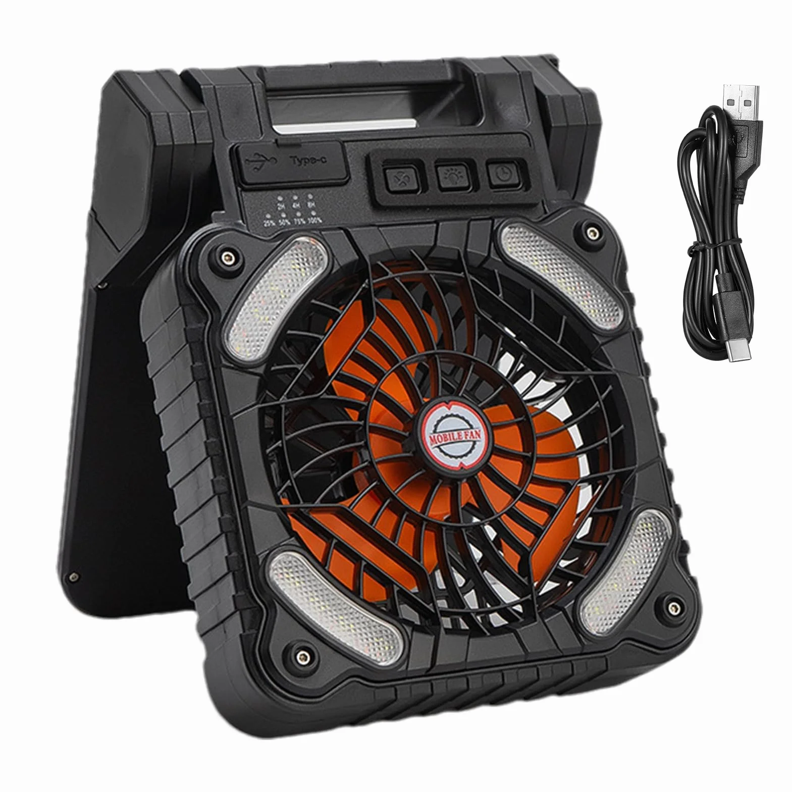 Ventilador Solar Portátil LED con 4 Velocidades y 3 Brillos, Batería de 100, para Acampar