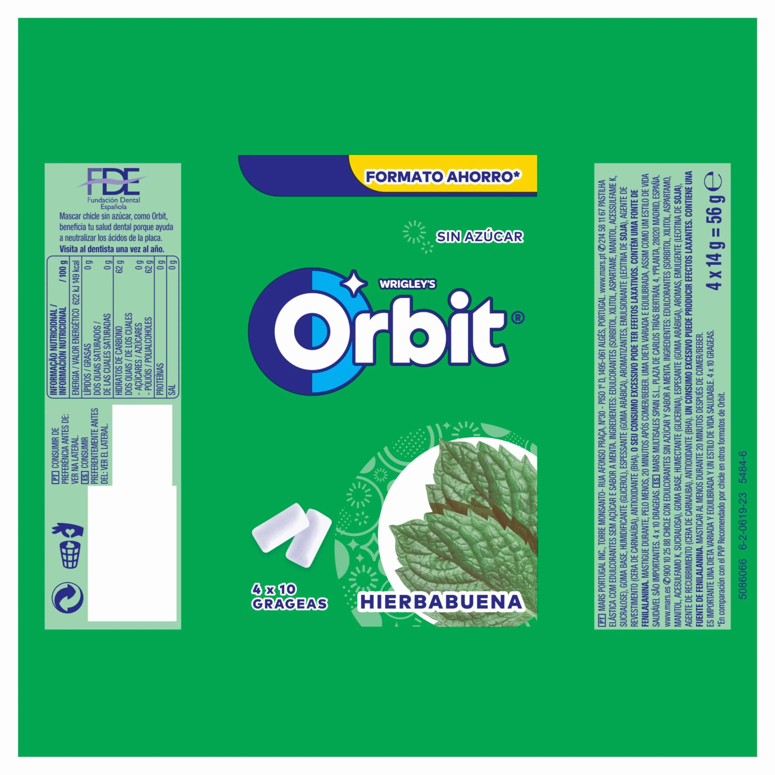Orbit Chicle Sin Azúcar, Hierbabuena, Pack De 4 X 10 Unidades, 56 Gramo, 4 Unidades
