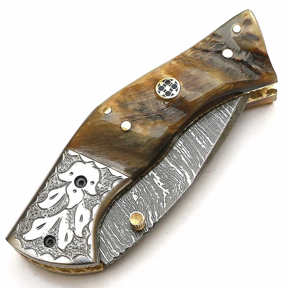 Cuchillo plegable navaja de bolsillo acero Damasco funda cuero artesanal forjado a mano