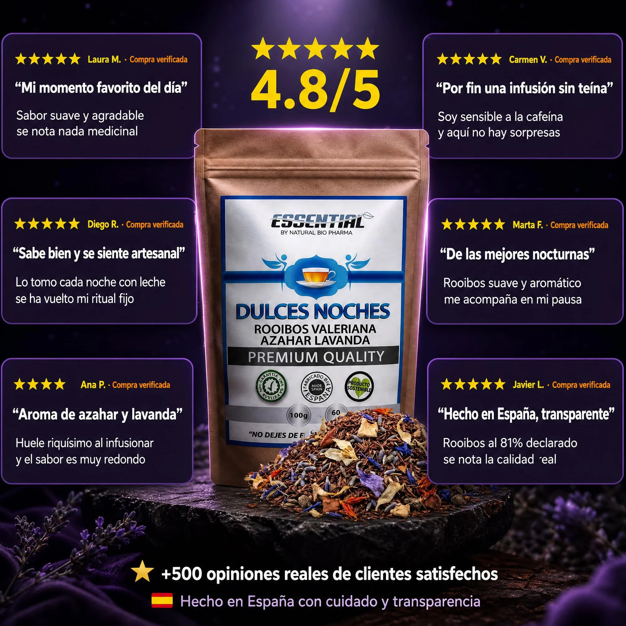 Duerme bien. Infusiones Relajantes para la Ansiedad y para Dormir Profundo toda la Noche. Rooibos de Valeriana, Lavanda, Malva, Azahar y Manzana. Sueño Profundo con esta Infusión Relajante para Dormir